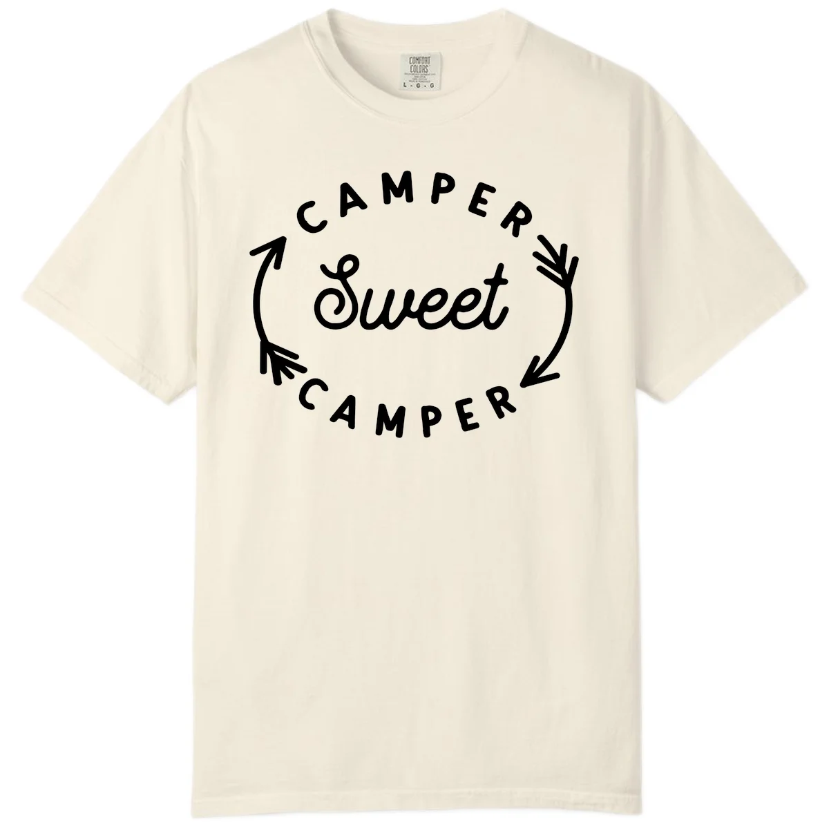 Circular badge design with 'Camper Sweet Camper' text and pine branch decorations in white on gray background in Ivory