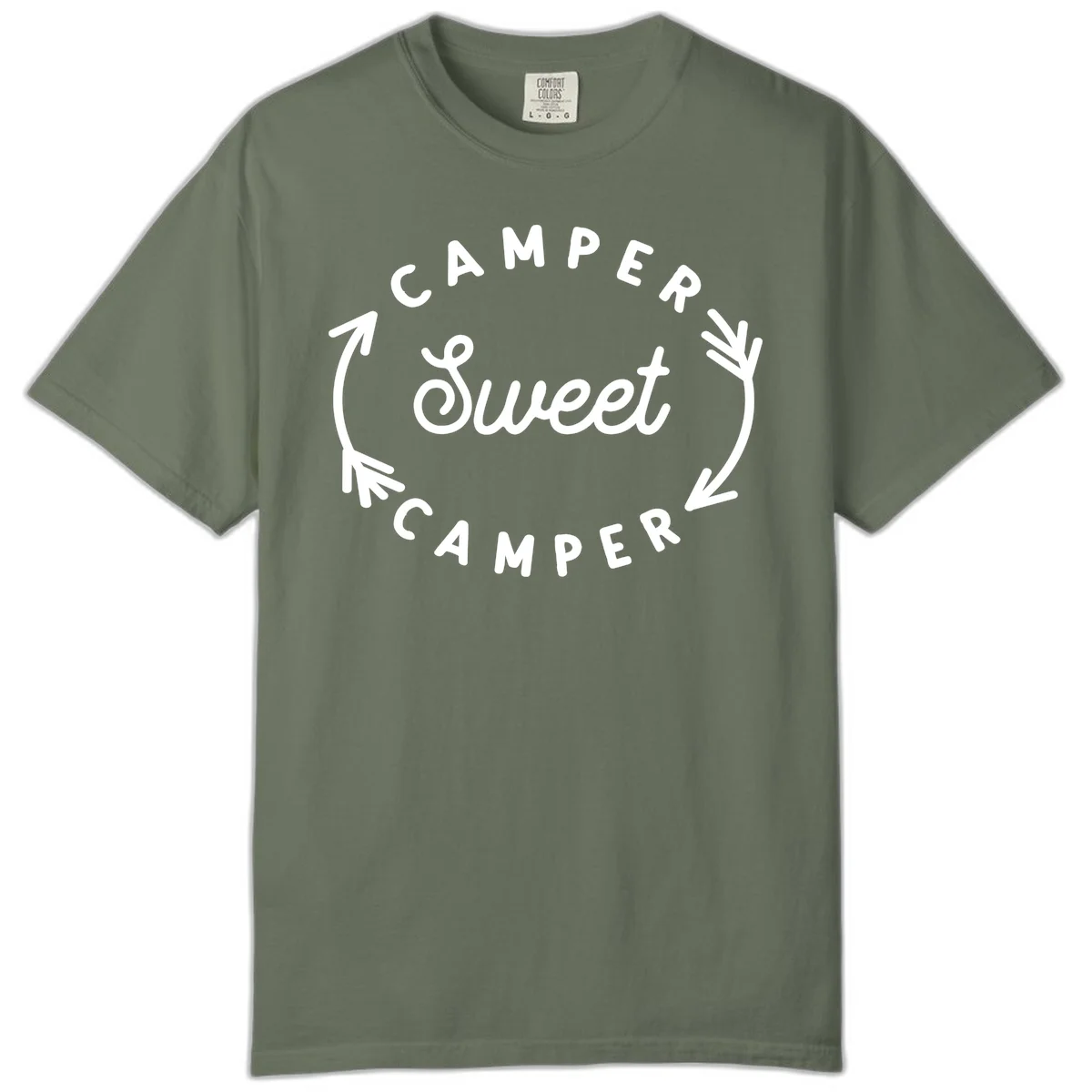 Circular badge design with 'Camper Sweet Camper' text and pine branch decorations in white on gray background in Moss
