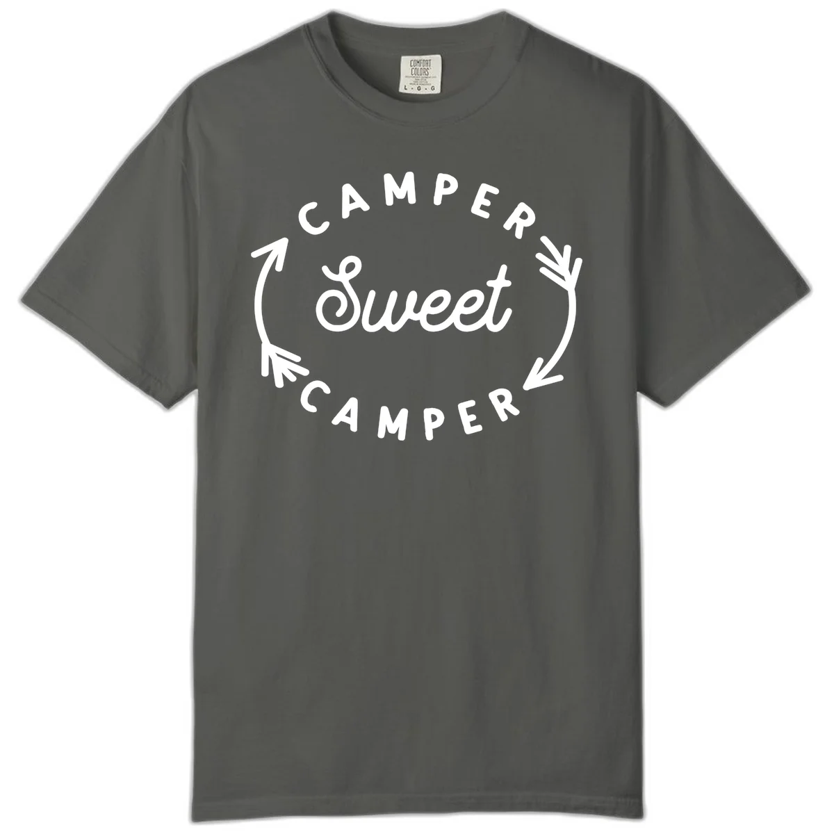 Circular badge design with 'Camper Sweet Camper' text and pine branch decorations in white on gray background in Pepper