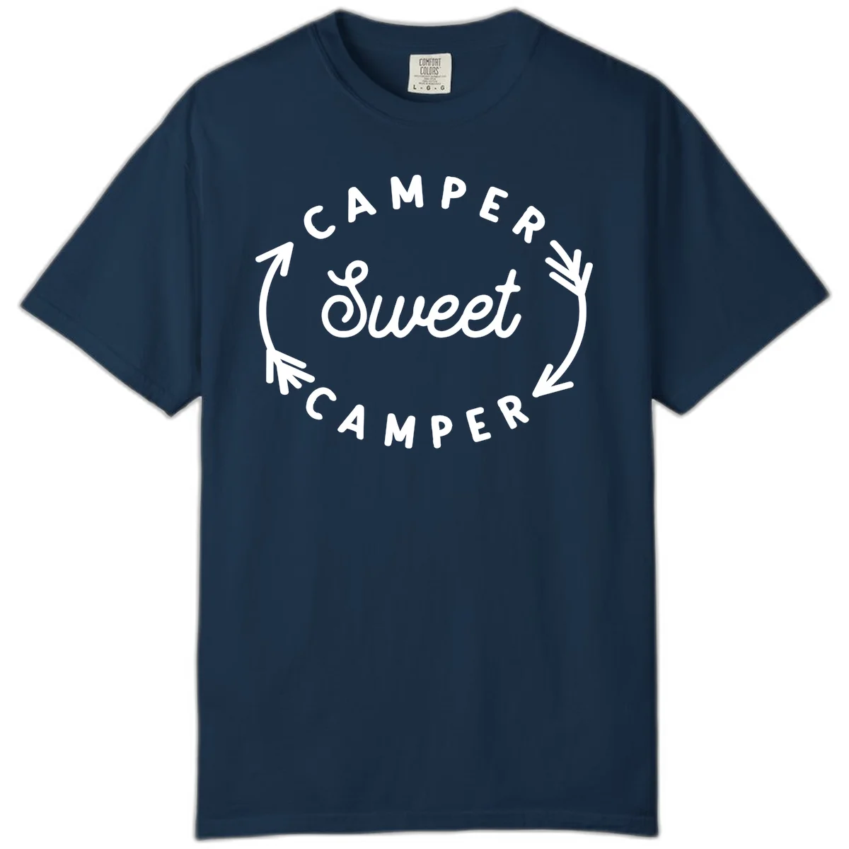 Circular badge design with 'Camper Sweet Camper' text and pine branch decorations in white on gray background in True Navy
