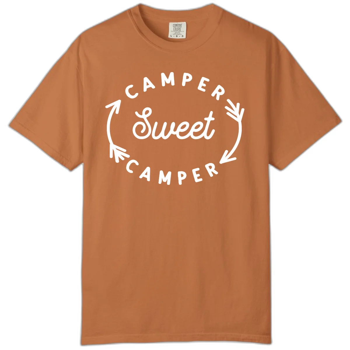 Circular badge design with 'Camper Sweet Camper' text and pine branch decorations in white on gray background in Yam