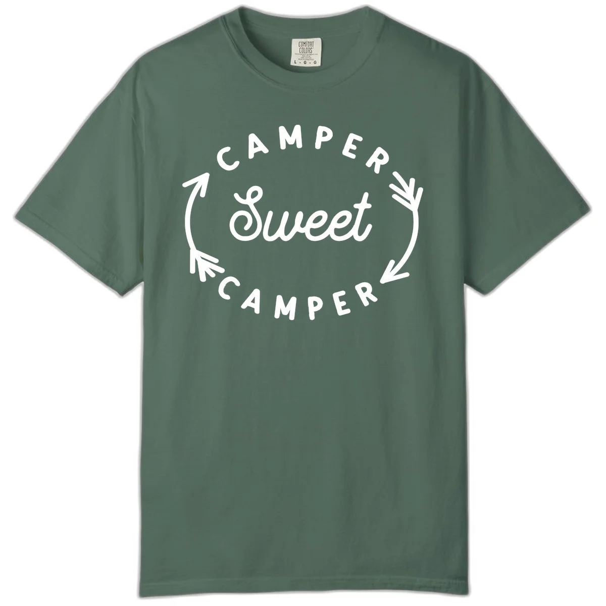 Circular badge design with 'Camper Sweet Camper' text and pine branch decorations in white on gray background in Blue Spruce