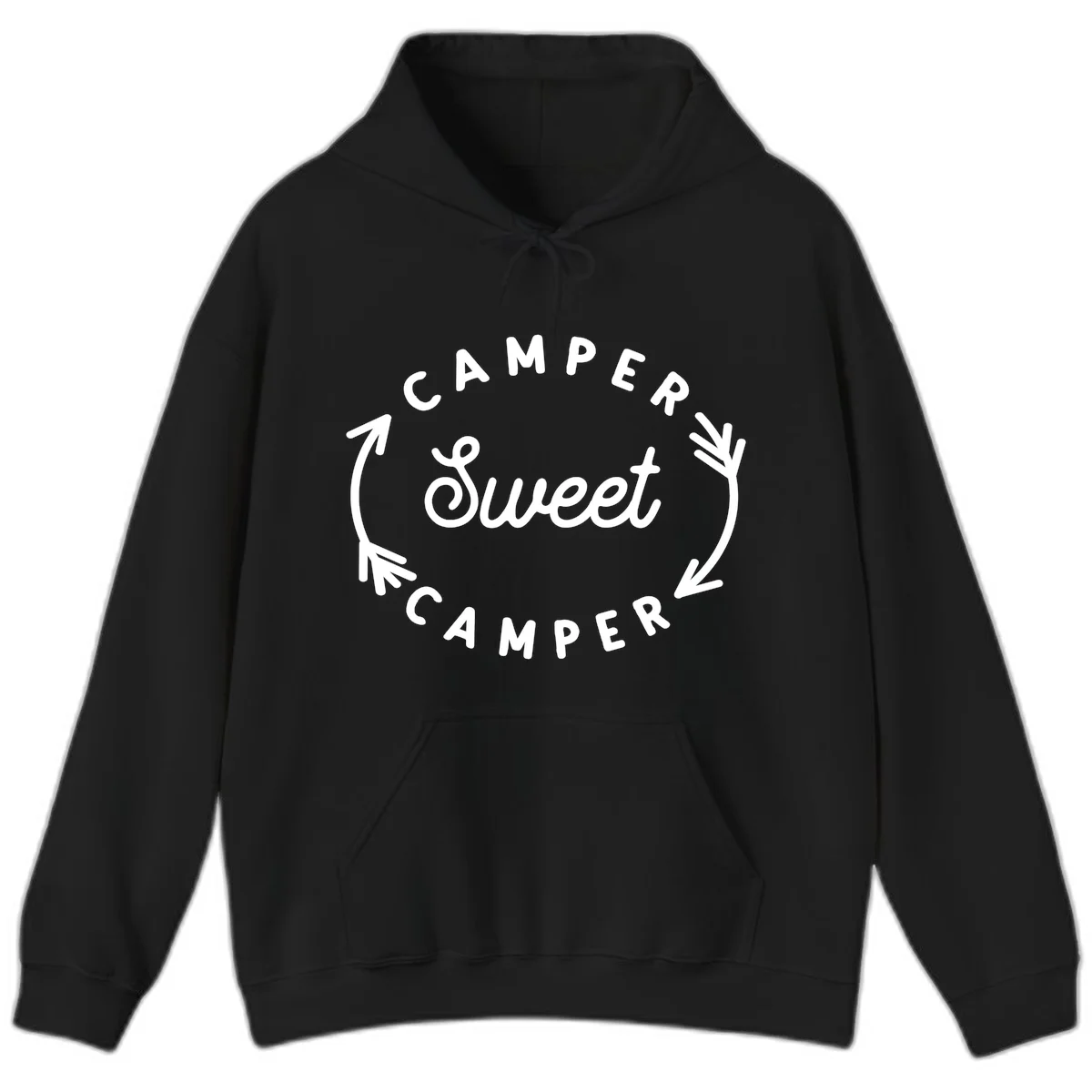 Circular badge design with 'Camper Sweet Camper' text and pine branch decorations in white on gray background in Black