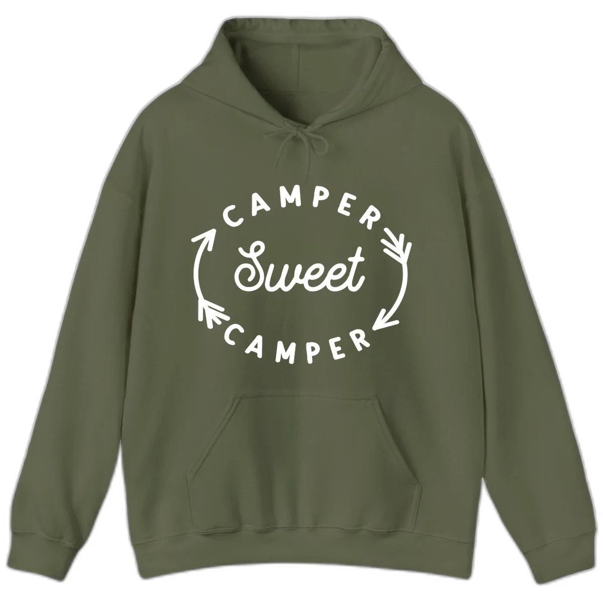 Circular badge design with 'Camper Sweet Camper' text and pine branch decorations in white on gray background in Military Green