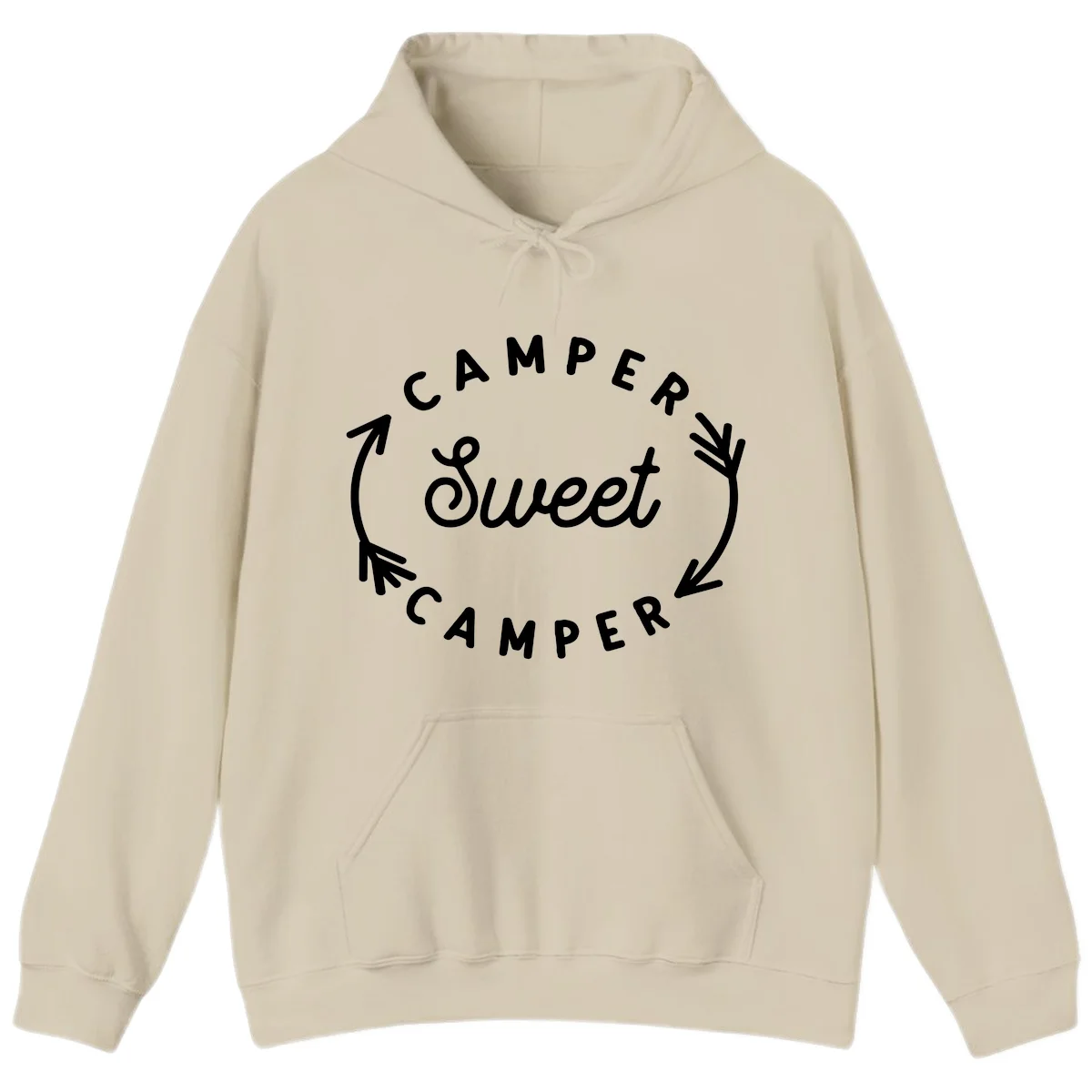 Circular badge design with 'Camper Sweet Camper' text and pine branch decorations in white on gray background in Sand