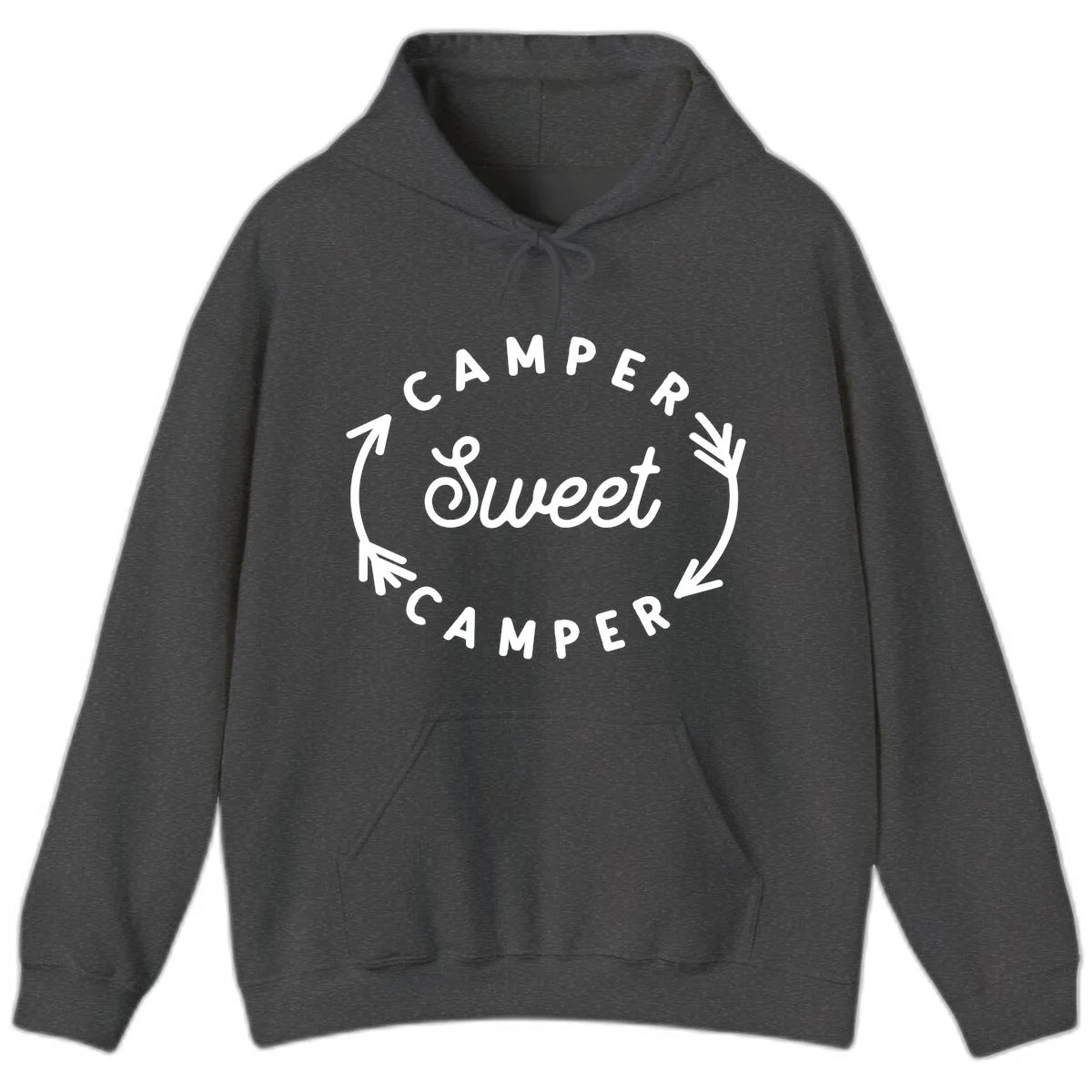 Circular badge design with 'Camper Sweet Camper' text and pine branch decorations in white on gray background in Dark Heather