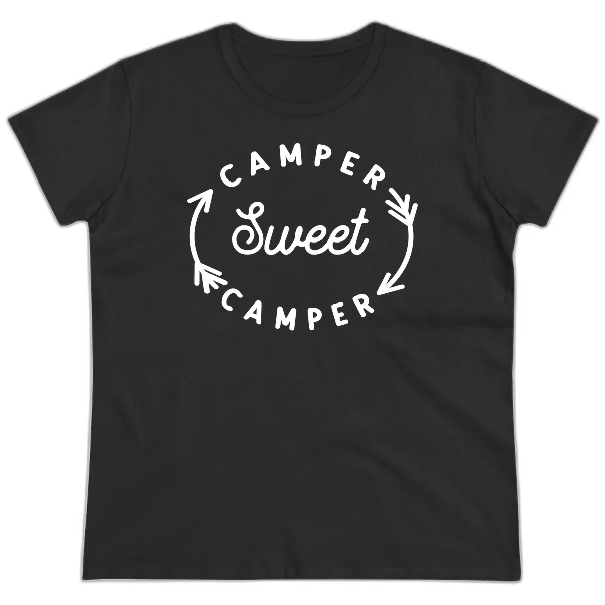 Circular badge design with 'Camper Sweet Camper' text and pine branch decorations in white on gray background in Black