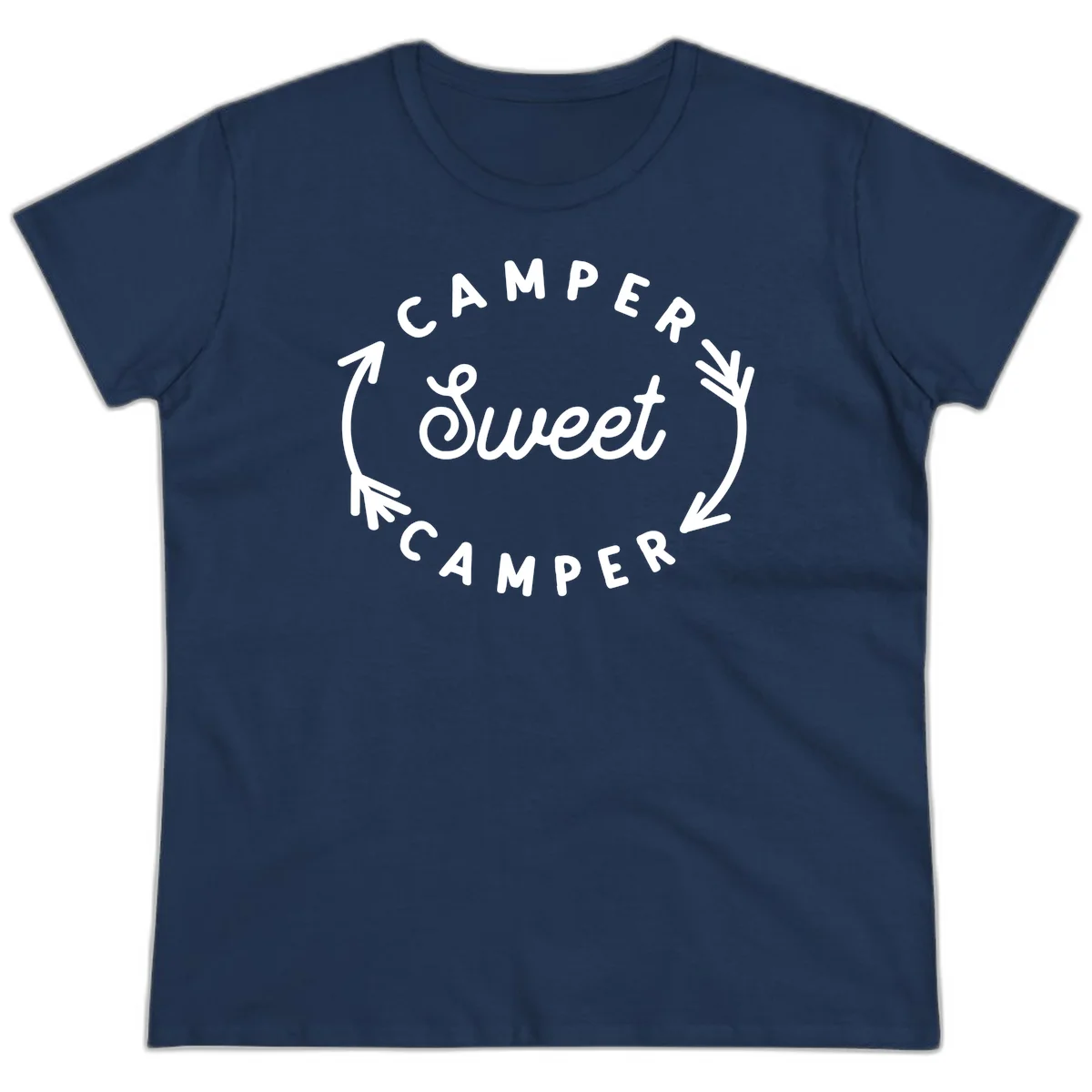 Circular badge design with 'Camper Sweet Camper' text and pine branch decorations in white on gray background in Navy
