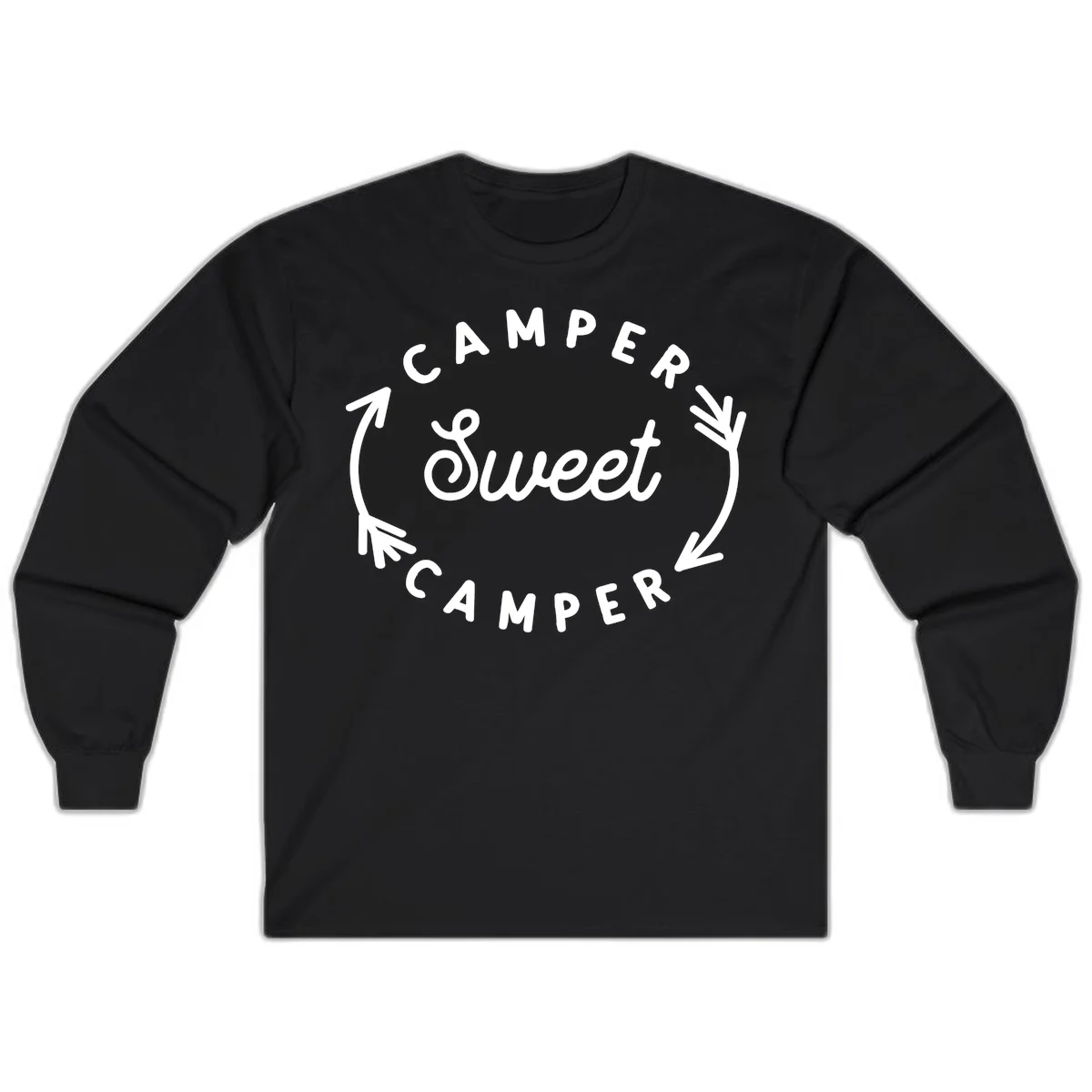 Circular badge design with 'Camper Sweet Camper' text and pine branch decorations in white on gray background in Black
