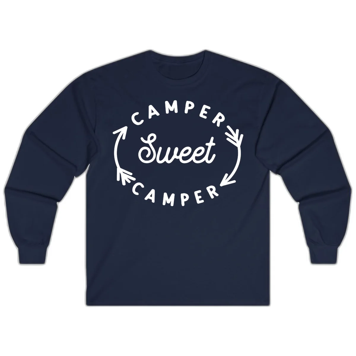 Circular badge design with 'Camper Sweet Camper' text and pine branch decorations in white on gray background in Navy
