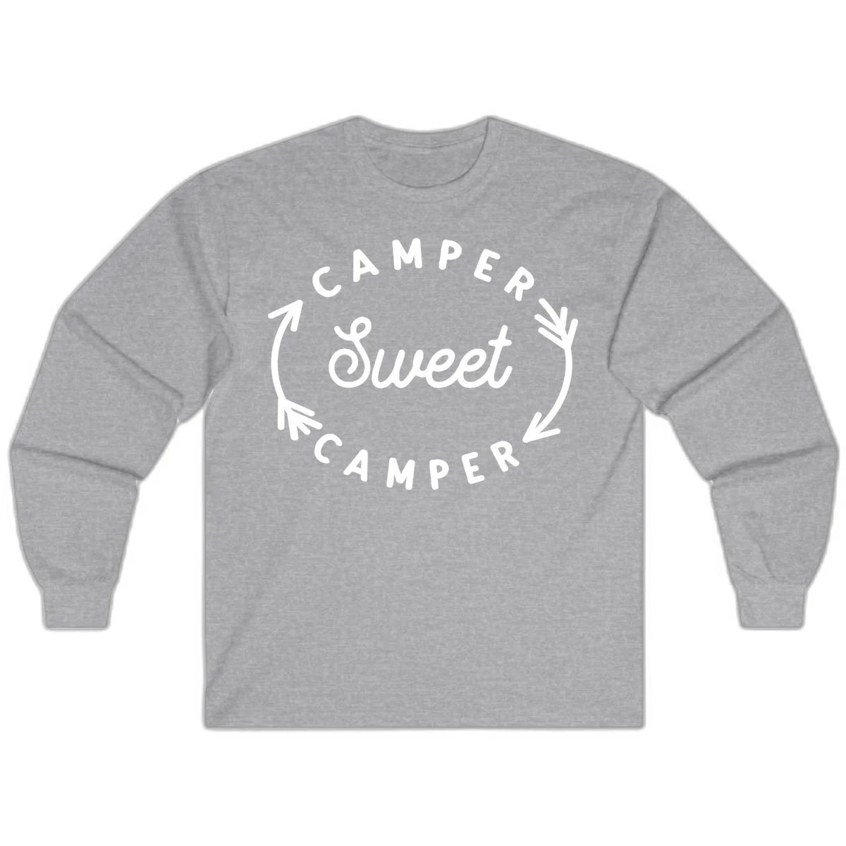 Circular badge design with 'Camper Sweet Camper' text and pine branch decorations in white on gray background in Sport Grey