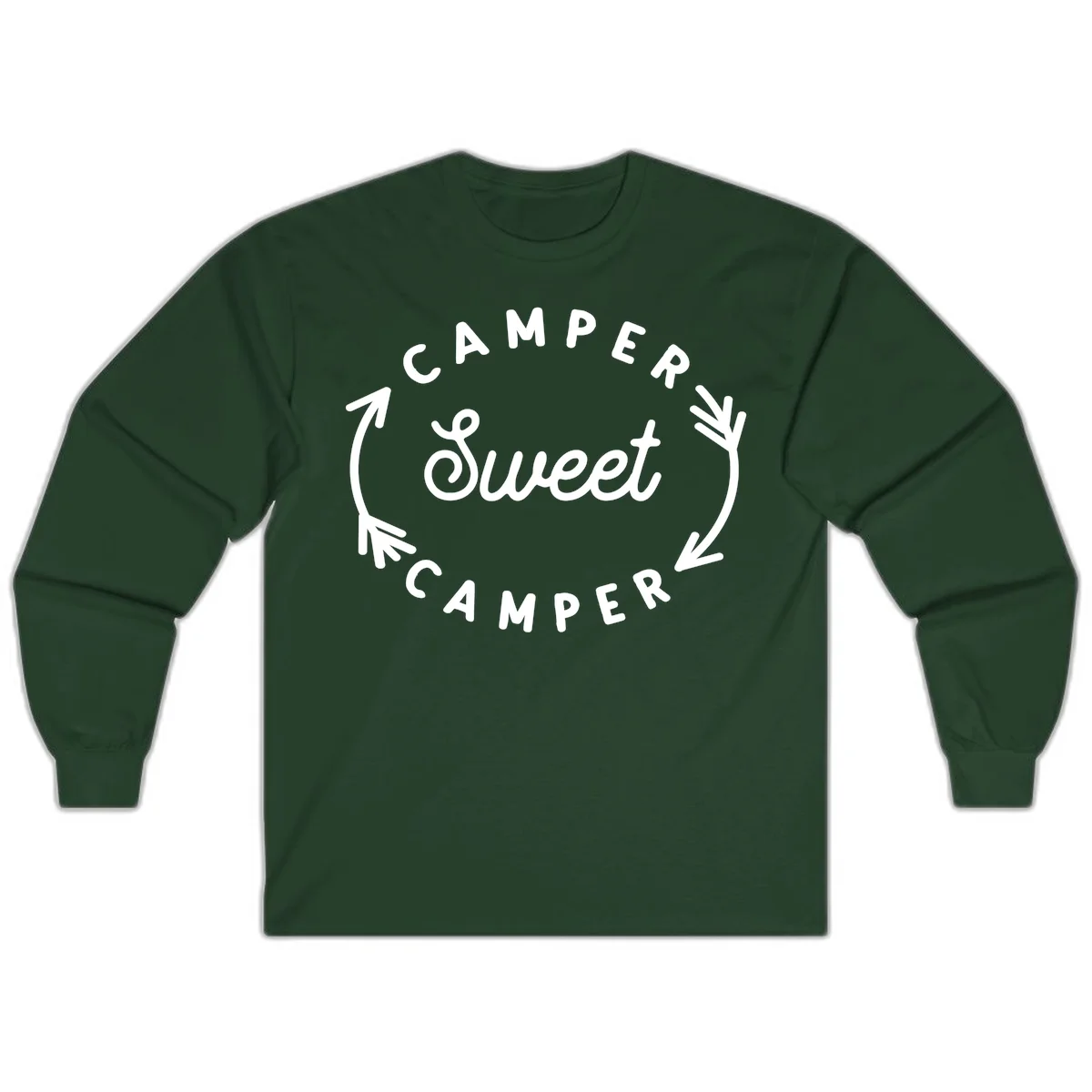 Circular badge design with 'Camper Sweet Camper' text and pine branch decorations in white on gray background in Forest Green