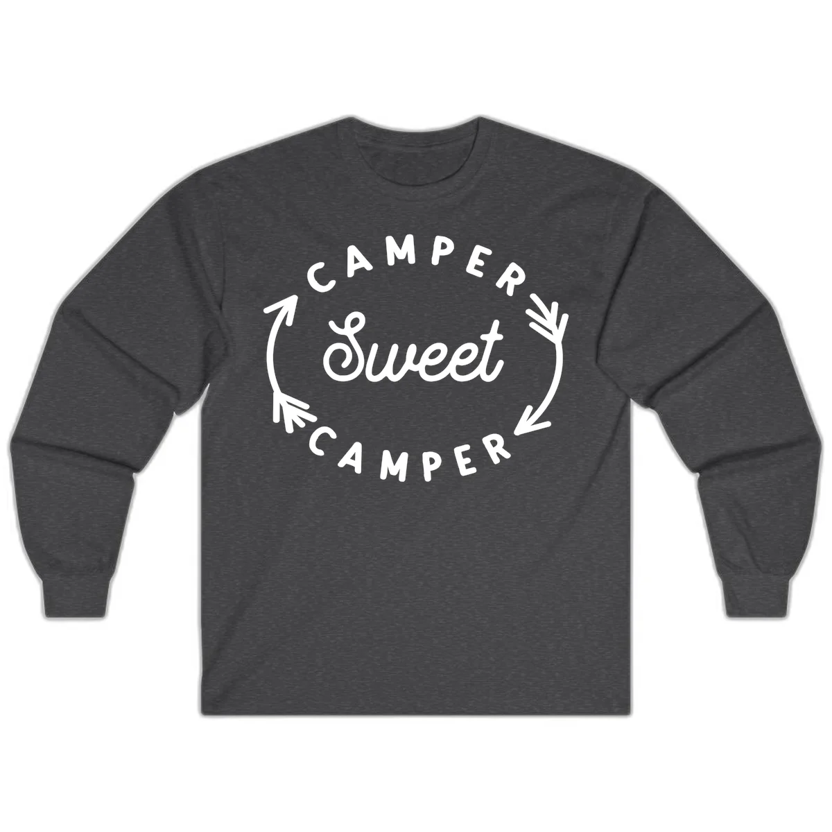 Circular badge design with 'Camper Sweet Camper' text and pine branch decorations in white on gray background in Dark Heather