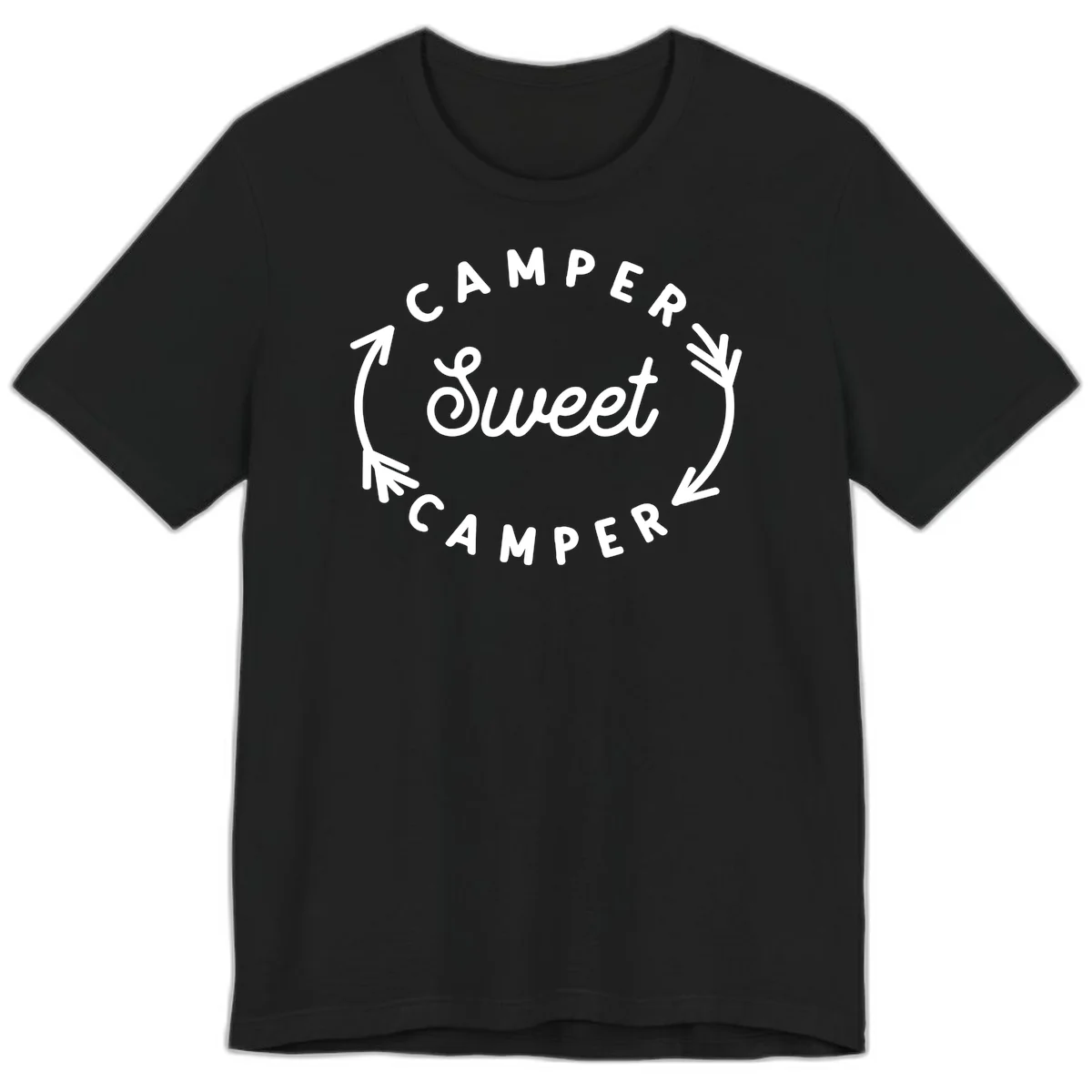 Circular badge design with 'Camper Sweet Camper' text and pine branch decorations in white on gray background in Black