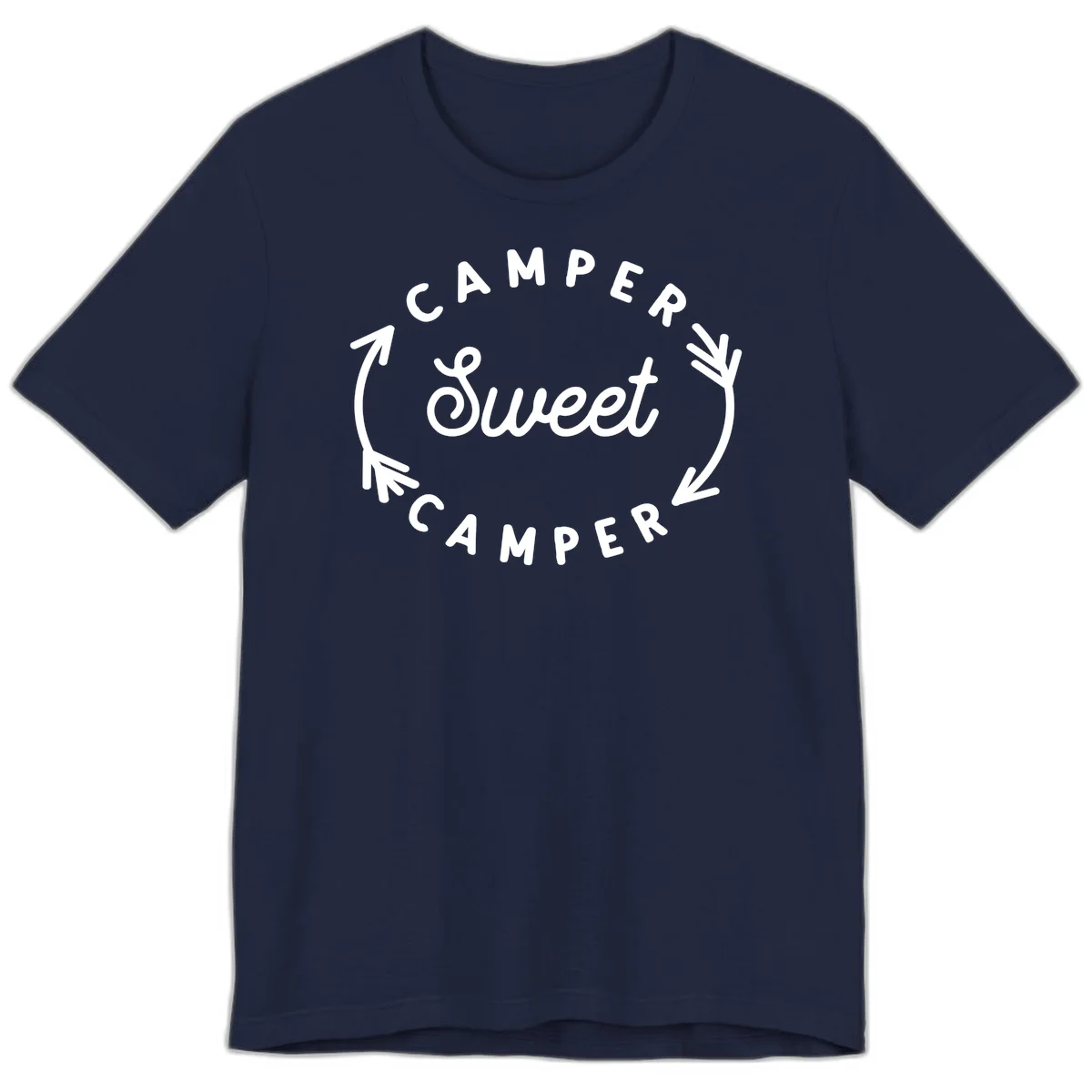 Circular badge design with 'Camper Sweet Camper' text and pine branch decorations in white on gray background in Navy