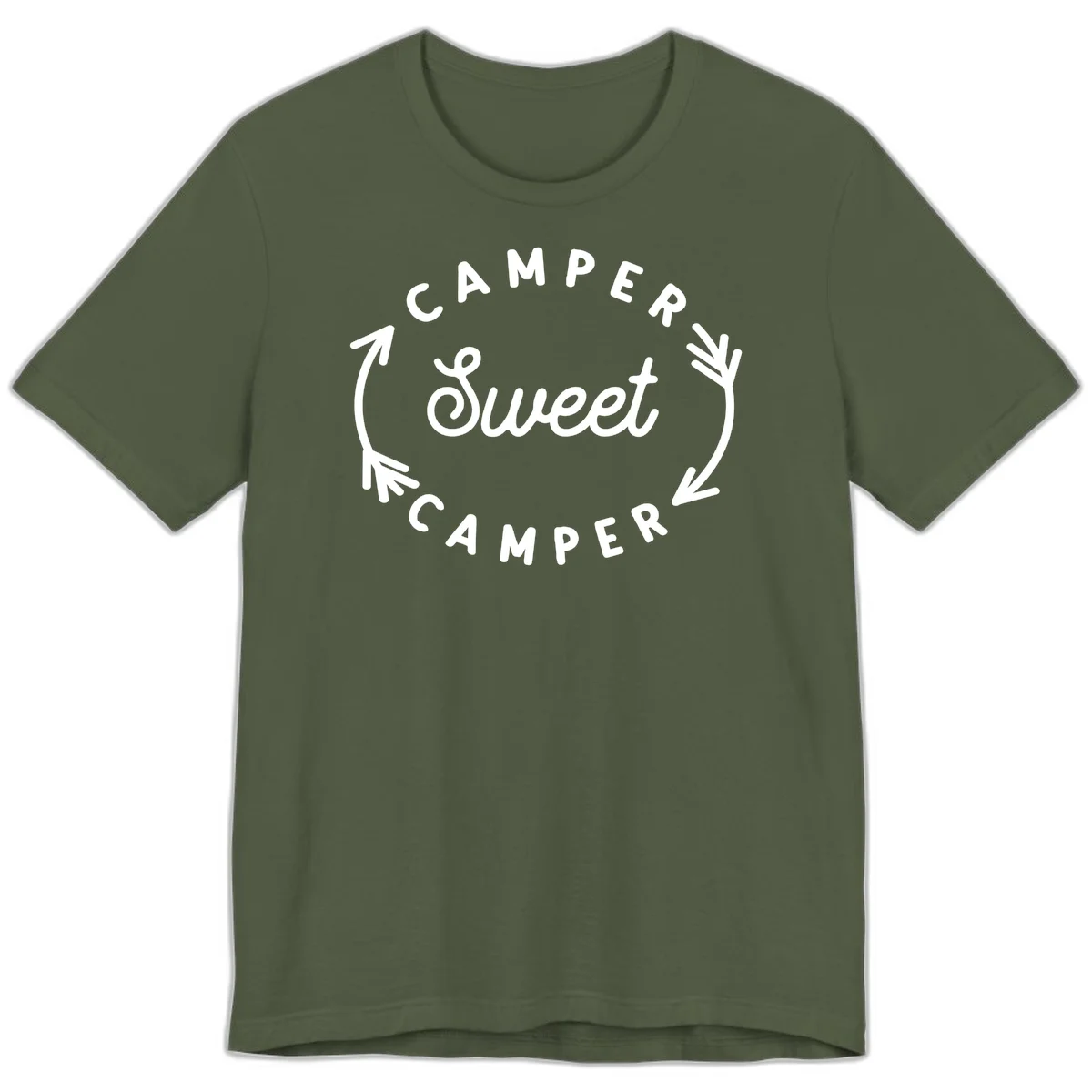 Circular badge design with 'Camper Sweet Camper' text and pine branch decorations in white on gray background in Military Green