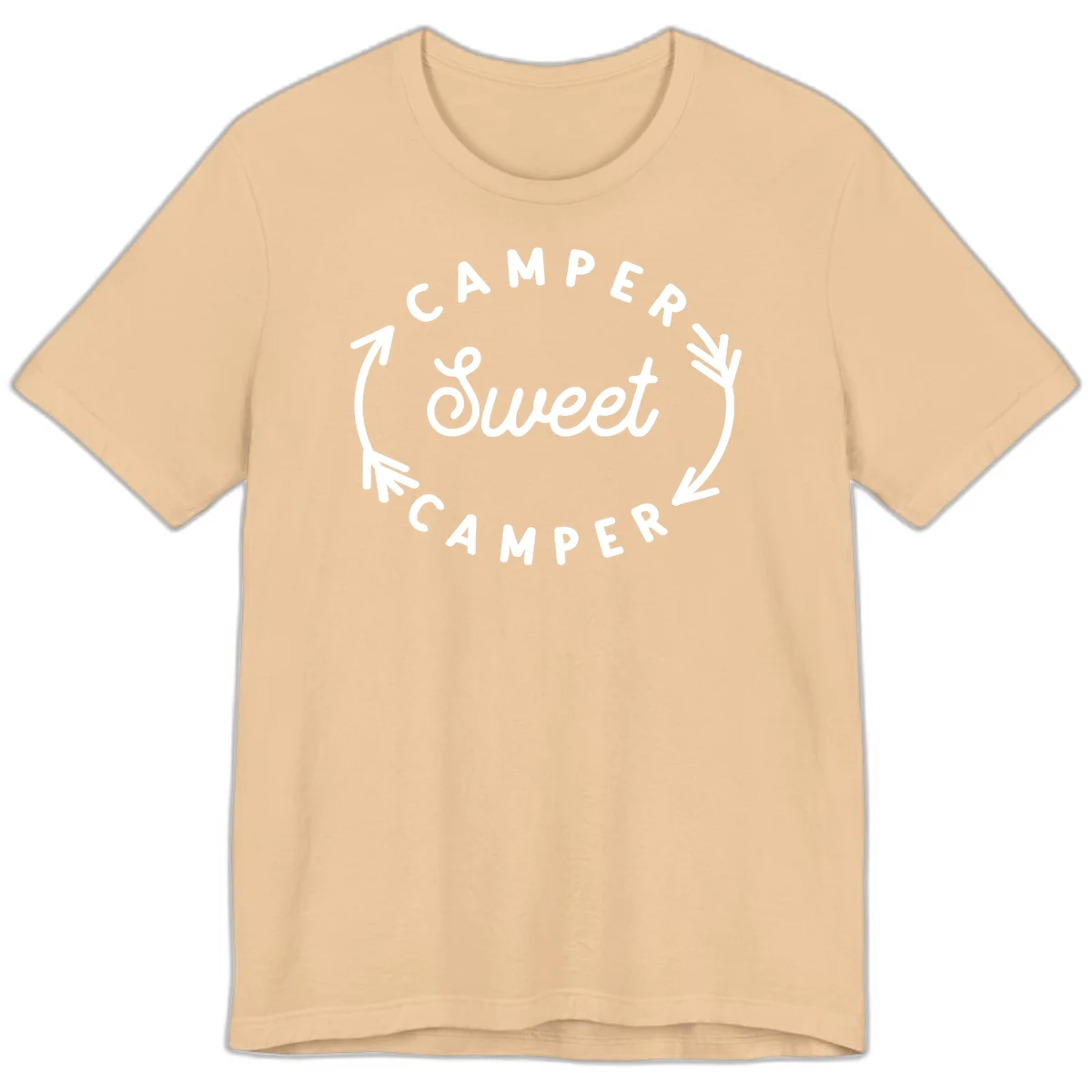 Circular badge design with 'Camper Sweet Camper' text and pine branch decorations in white on gray background in Sand Dune