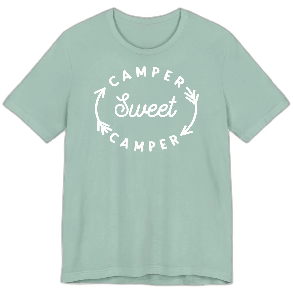 Circular badge design with 'Camper Sweet Camper' text and pine branch decorations in white on gray background in Dusty Blue