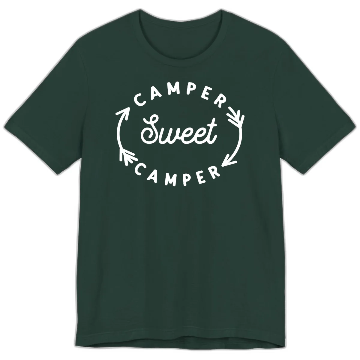Circular badge design with 'Camper Sweet Camper' text and pine branch decorations in white on gray background in Forest