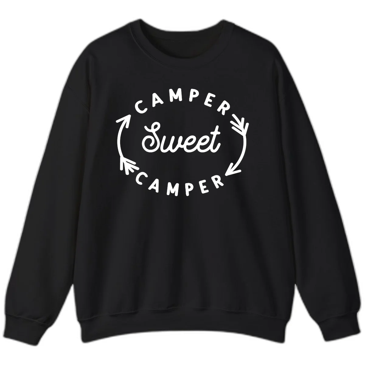 Circular badge design with 'Camper Sweet Camper' text and pine branch decorations in white on gray background in Black