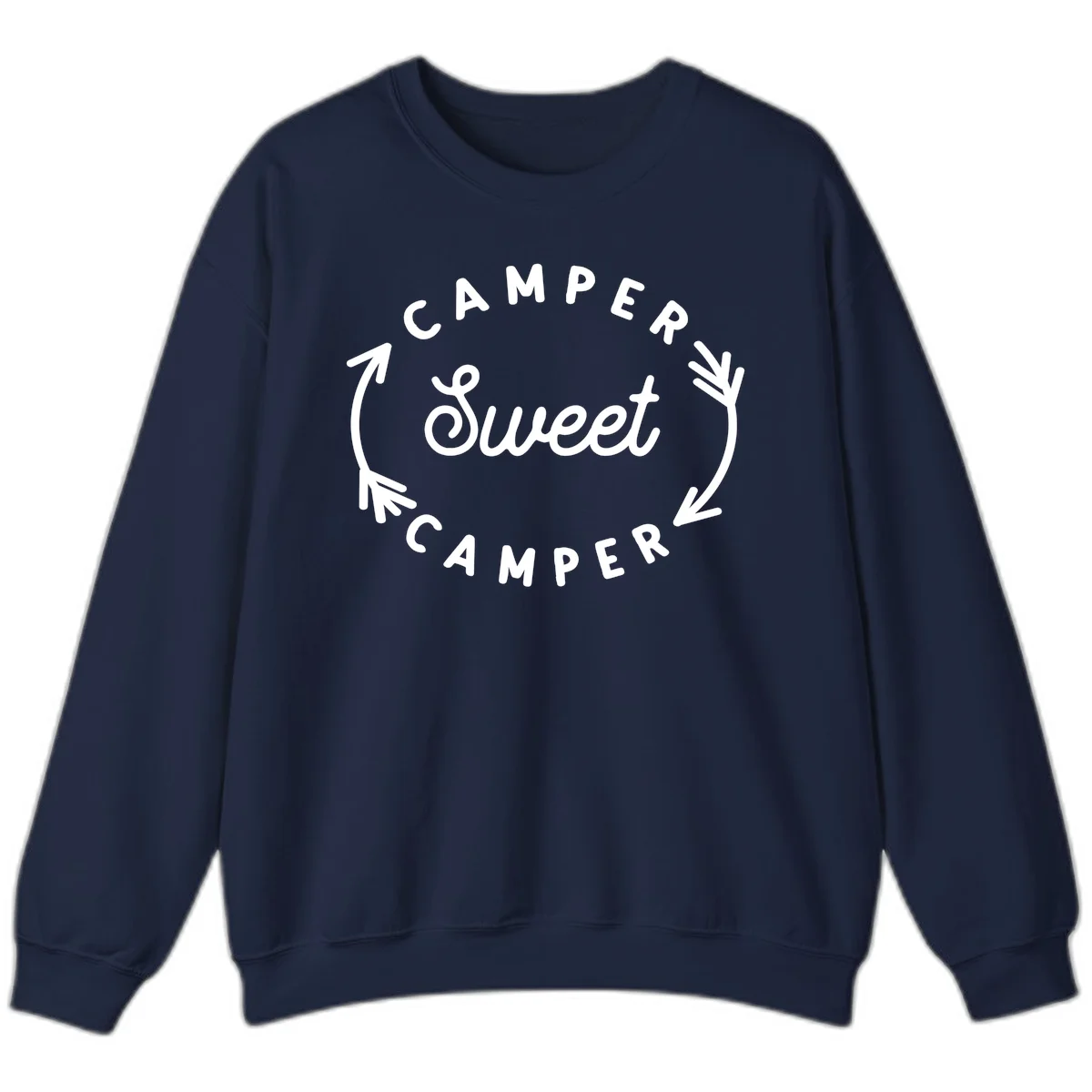 Circular badge design with 'Camper Sweet Camper' text and pine branch decorations in white on gray background in Navy