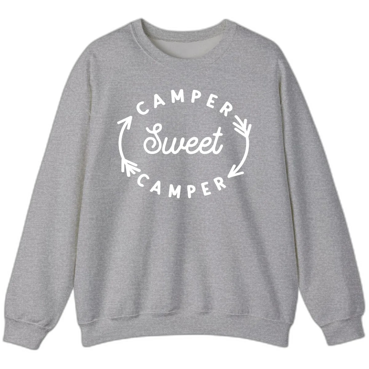 Circular badge design with 'Camper Sweet Camper' text and pine branch decorations in white on gray background in Sport Grey