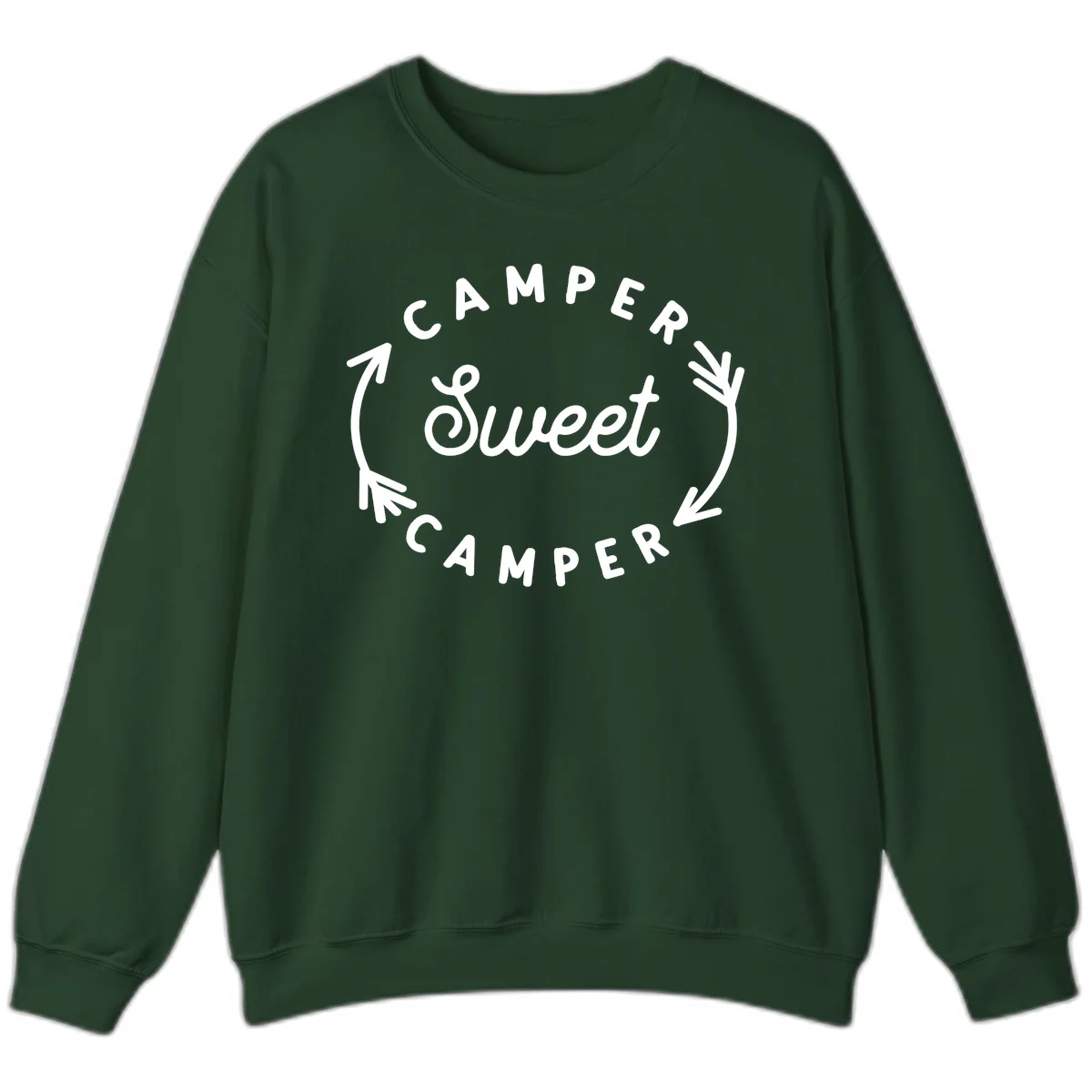 Circular badge design with 'Camper Sweet Camper' text and pine branch decorations in white on gray background in Forest Green