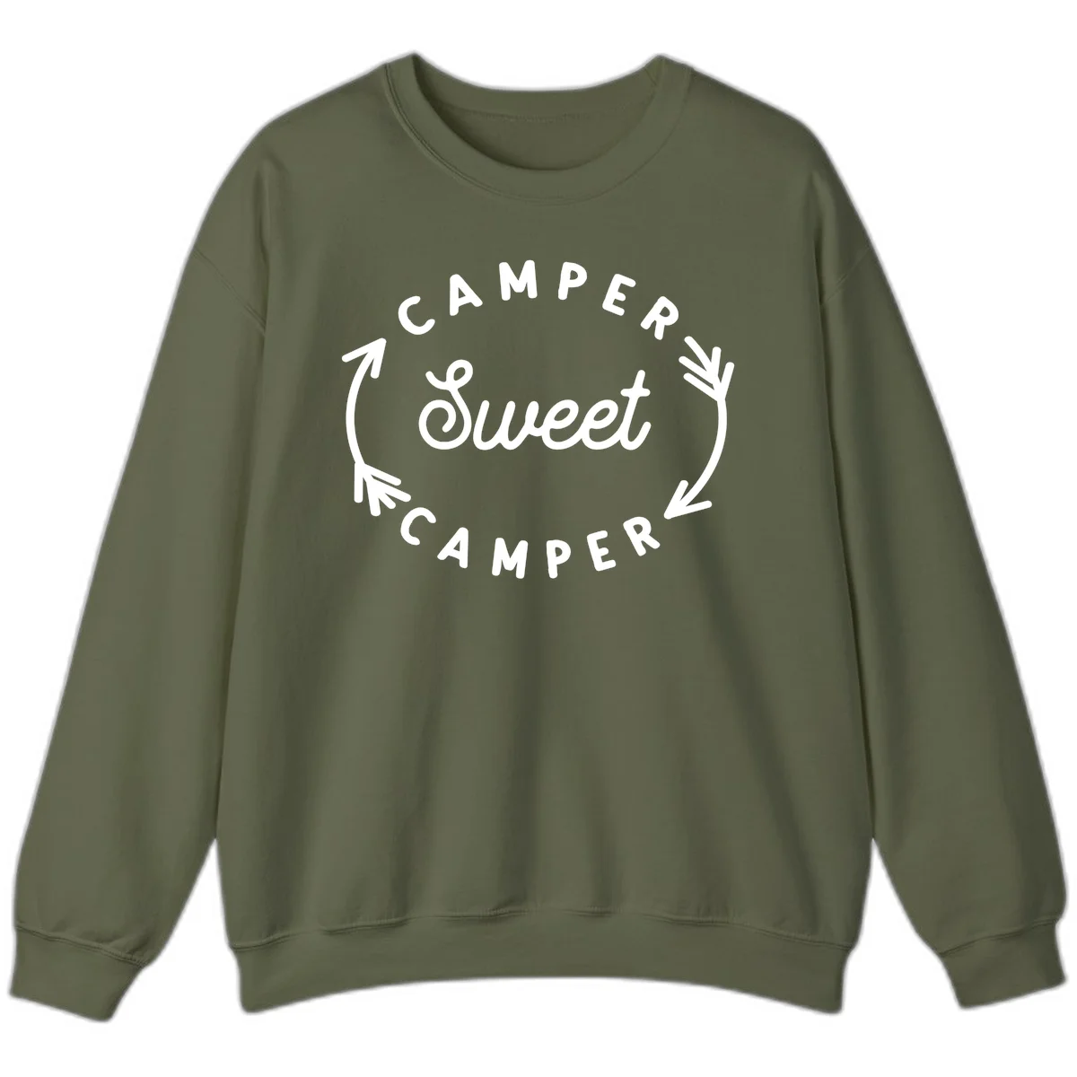 Circular badge design with 'Camper Sweet Camper' text and pine branch decorations in white on gray background in Military Green