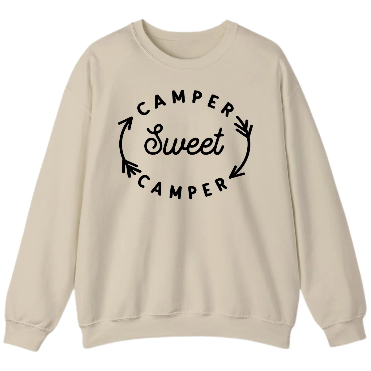 Circular badge design with 'Camper Sweet Camper' text and pine branch decorations in white on gray background in Sand