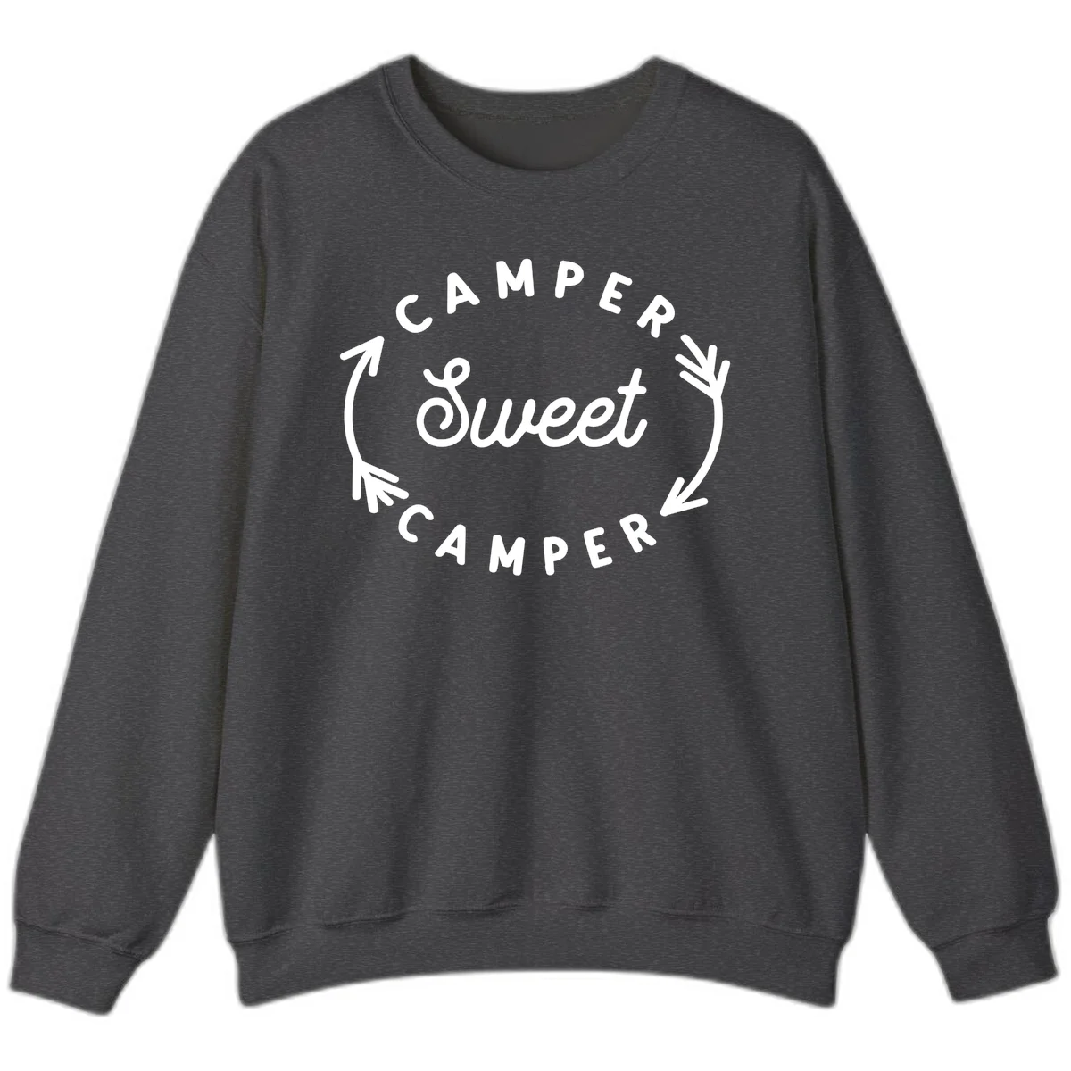 Circular badge design with 'Camper Sweet Camper' text and pine branch decorations in white on gray background in Dark Heather