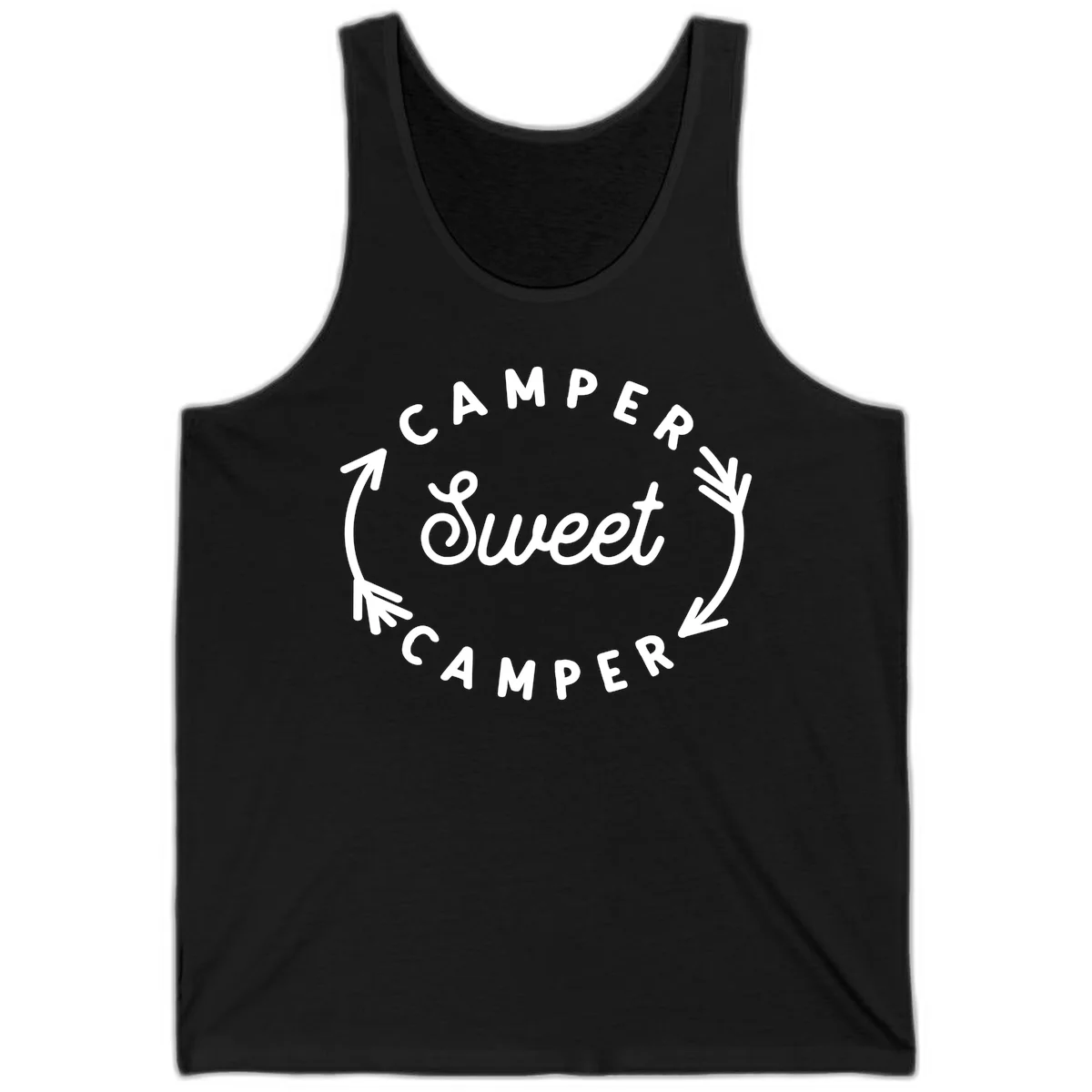 Circular badge design with 'Camper Sweet Camper' text and pine branch decorations in white on gray background in Black