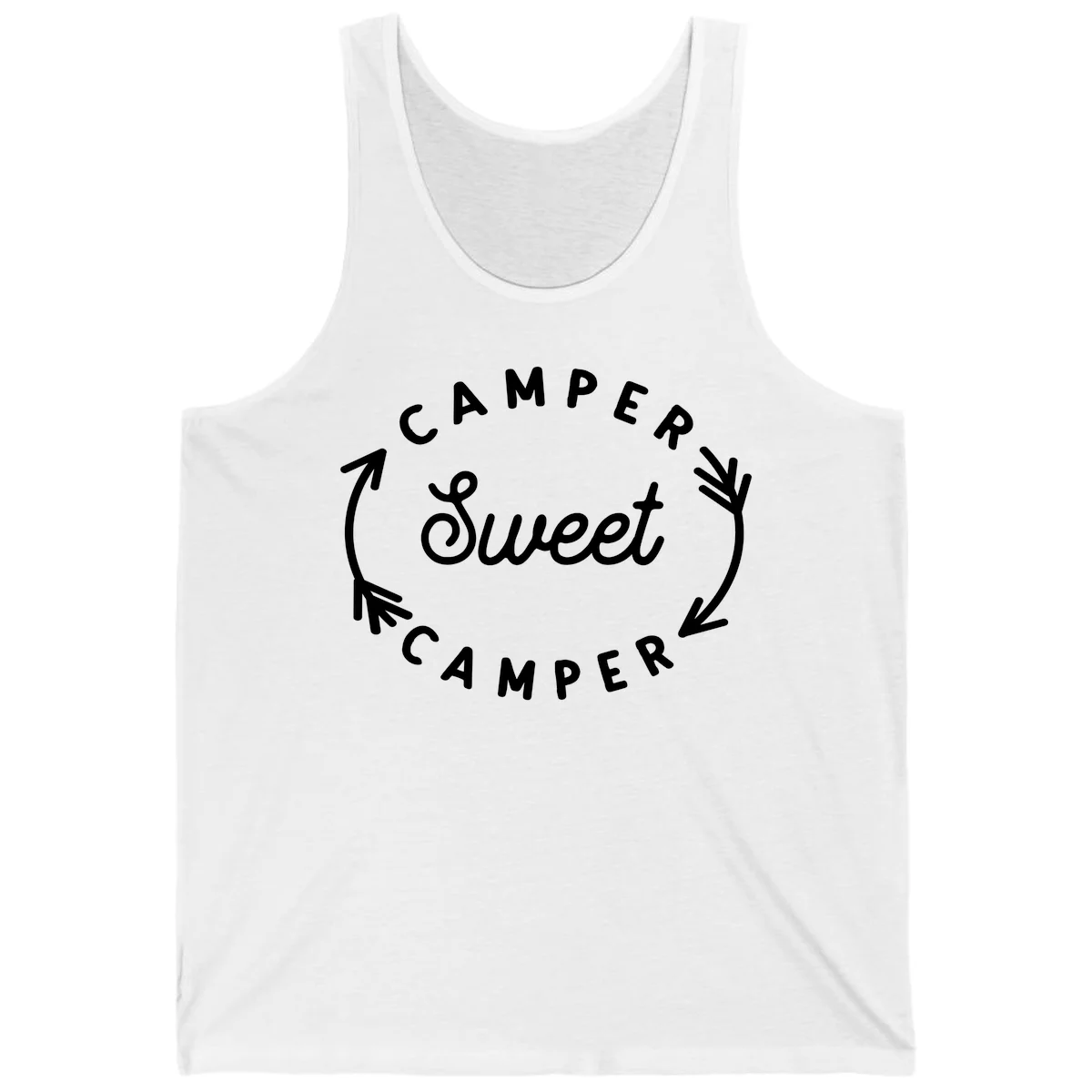 Circular badge design with 'Camper Sweet Camper' text and pine branch decorations in white on gray background in White