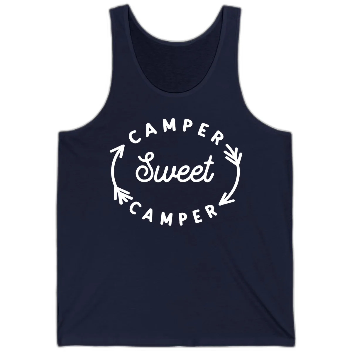 Circular badge design with 'Camper Sweet Camper' text and pine branch decorations in white on gray background in Navy