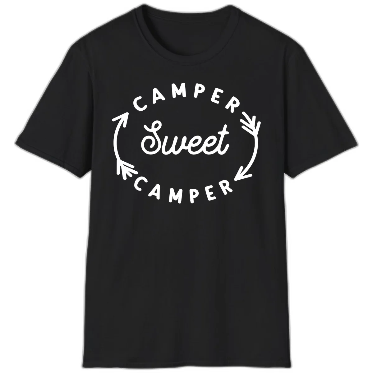 Circular badge design with 'Camper Sweet Camper' text and pine branch decorations in white on gray background in Black