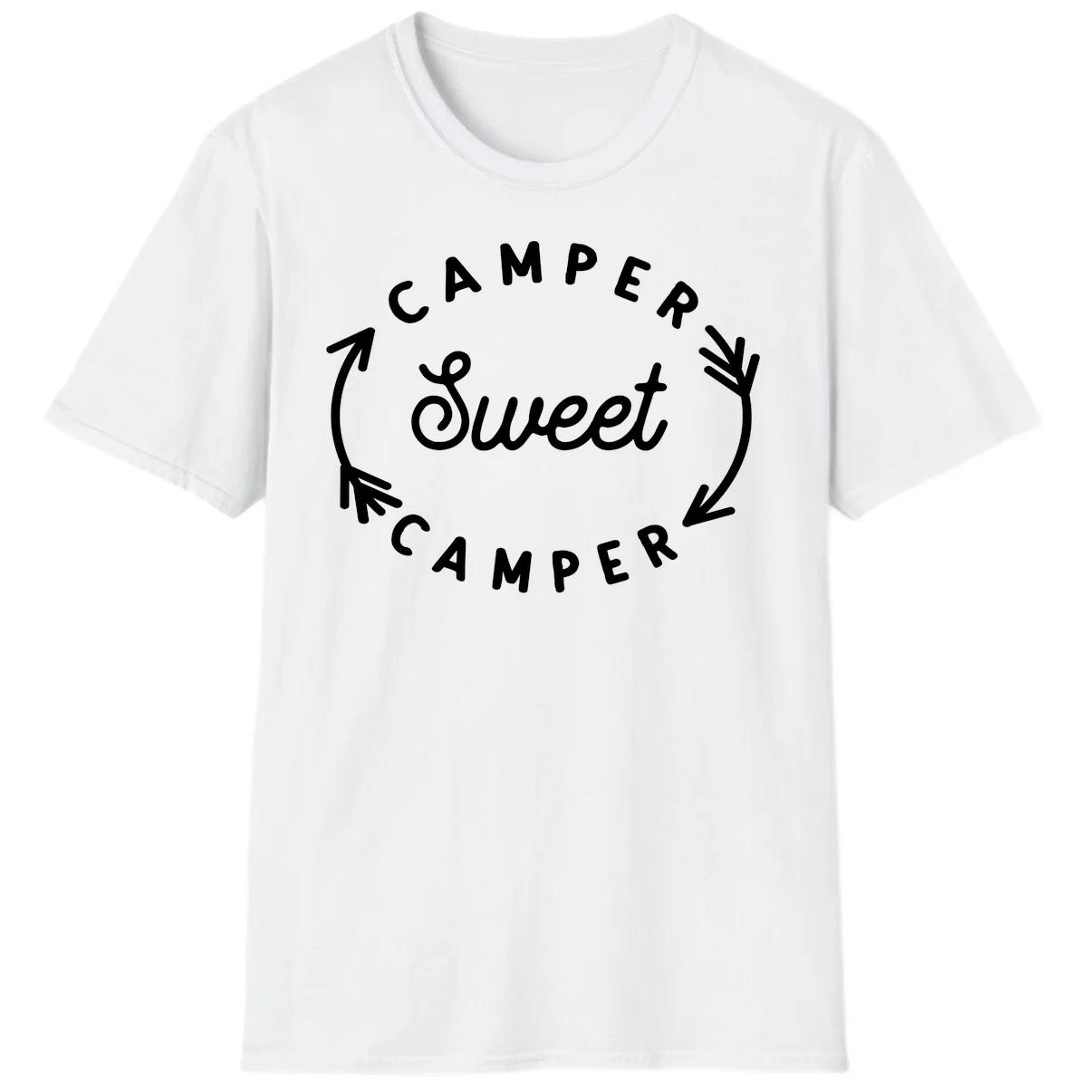 Circular badge design with 'Camper Sweet Camper' text and pine branch decorations in white on gray background in White