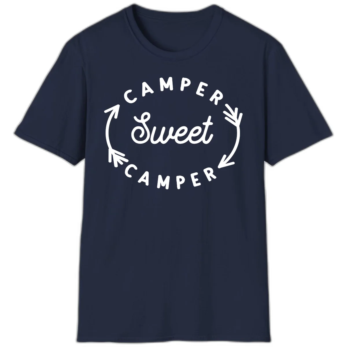 Circular badge design with 'Camper Sweet Camper' text and pine branch decorations in white on gray background in Navy