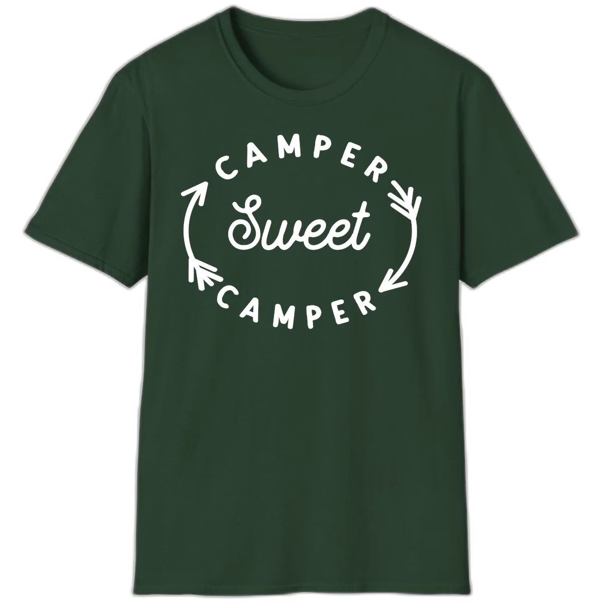 Circular badge design with 'Camper Sweet Camper' text and pine branch decorations in white on gray background in Forest Green