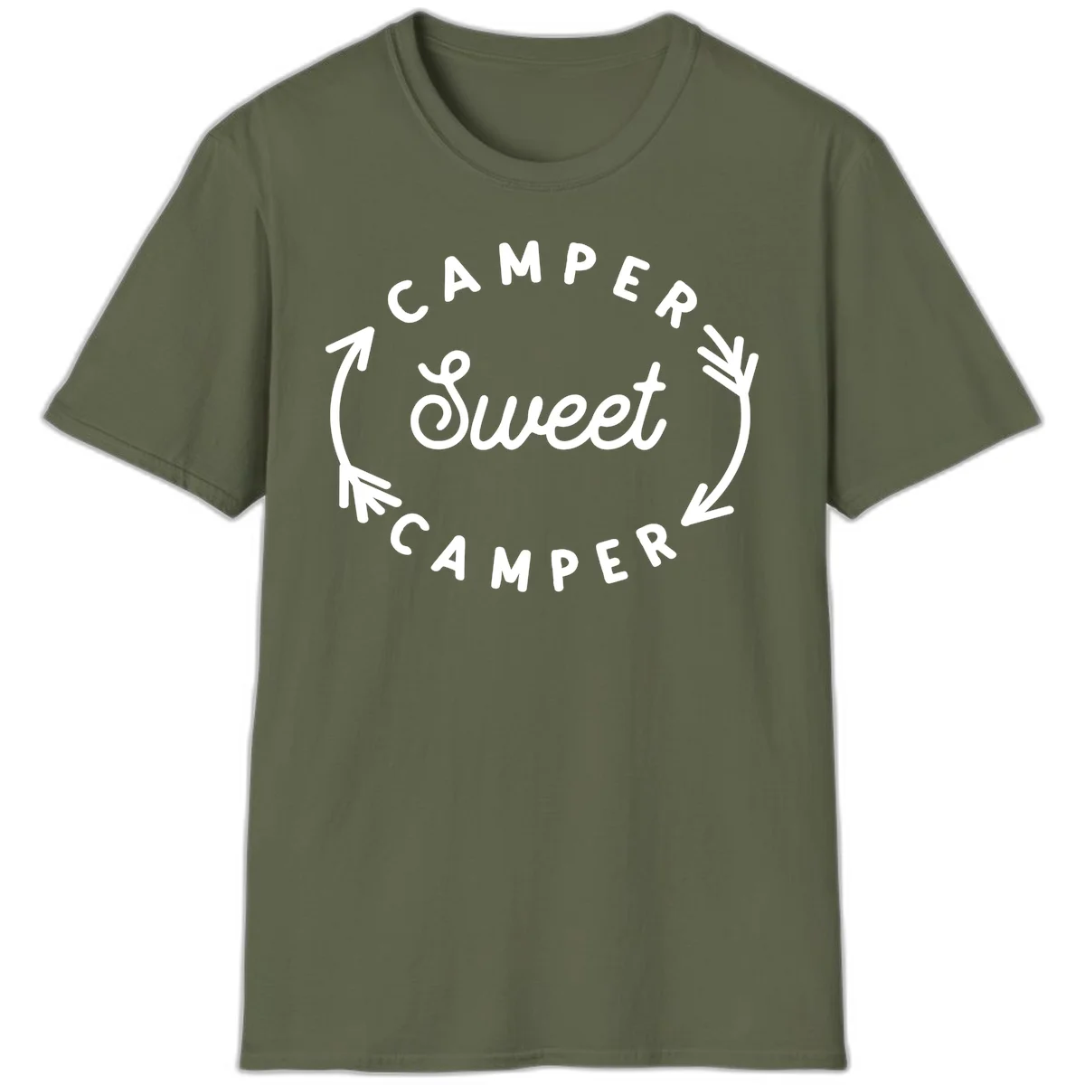 Circular badge design with 'Camper Sweet Camper' text and pine branch decorations in white on gray background in Military Green