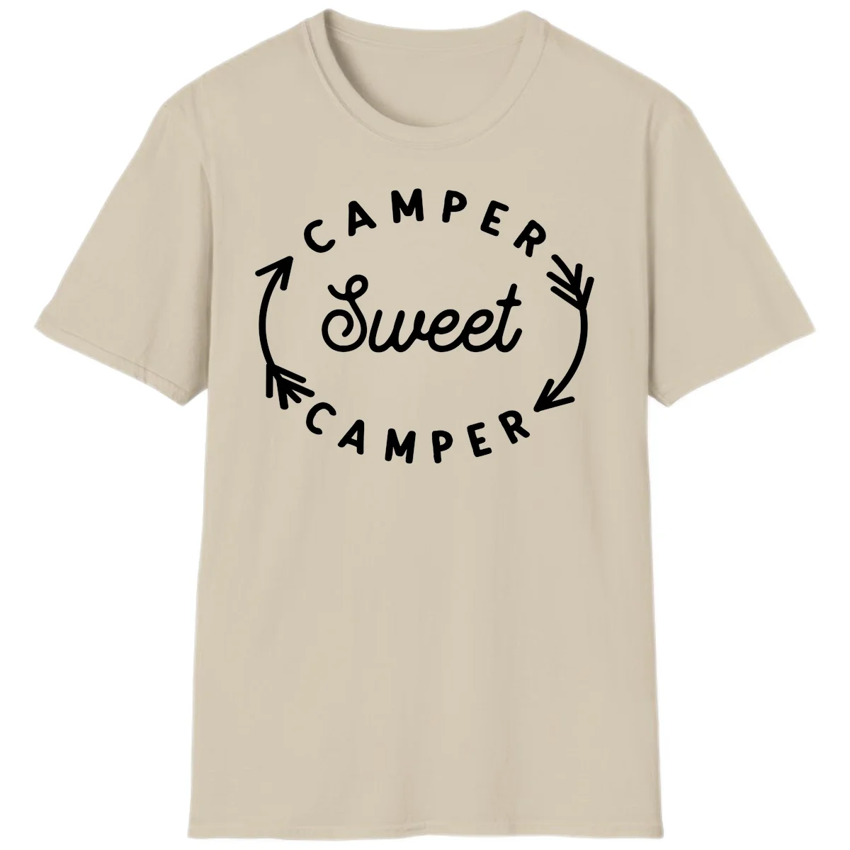 Circular badge design with 'Camper Sweet Camper' text and pine branch decorations in white on gray background in Sand