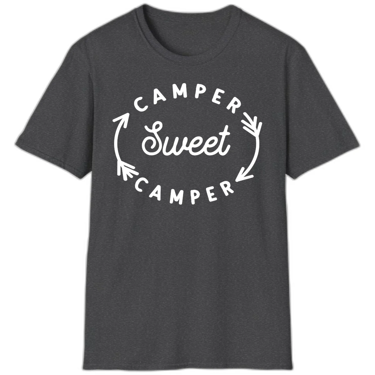 Circular badge design with 'Camper Sweet Camper' text and pine branch decorations in white on gray background in Dark Heather