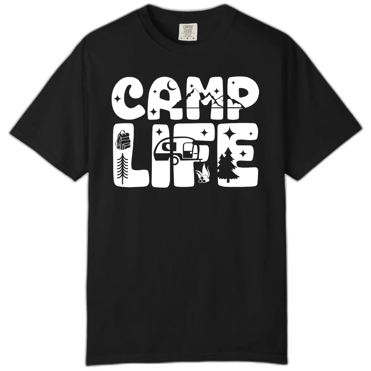 Camp life grid design featuring mountains, RV, campfire, trees, and hiking silhouette with moon and stars in monochrome illustration in Black