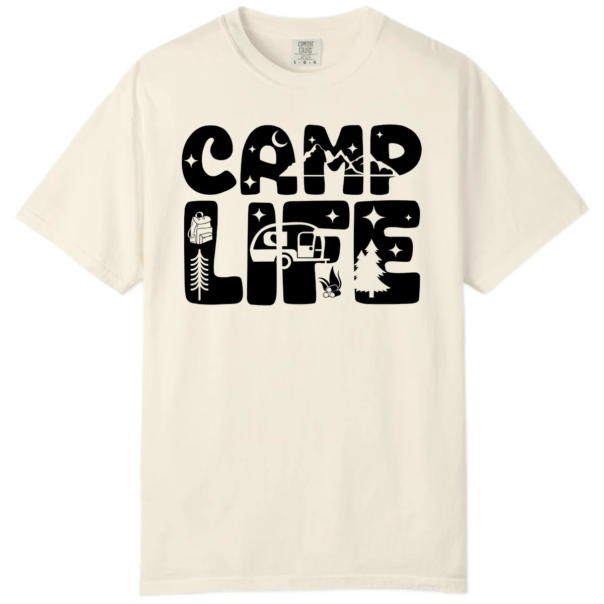 Camp life grid design featuring mountains, RV, campfire, trees, and hiking silhouette with moon and stars in monochrome illustration in Ivory