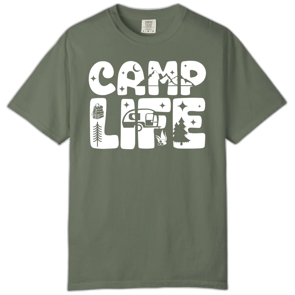 Camp life grid design featuring mountains, RV, campfire, trees, and hiking silhouette with moon and stars in monochrome illustration in Moss