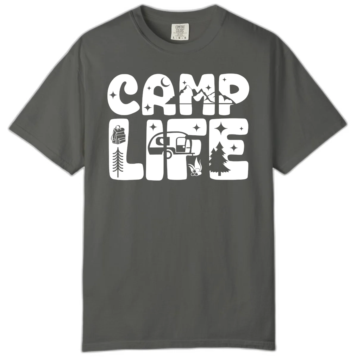 Camp life grid design featuring mountains, RV, campfire, trees, and hiking silhouette with moon and stars in monochrome illustration in Pepper