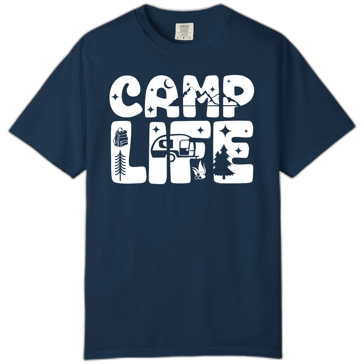 Camp life grid design featuring mountains, RV, campfire, trees, and hiking silhouette with moon and stars in monochrome illustration in True Navy