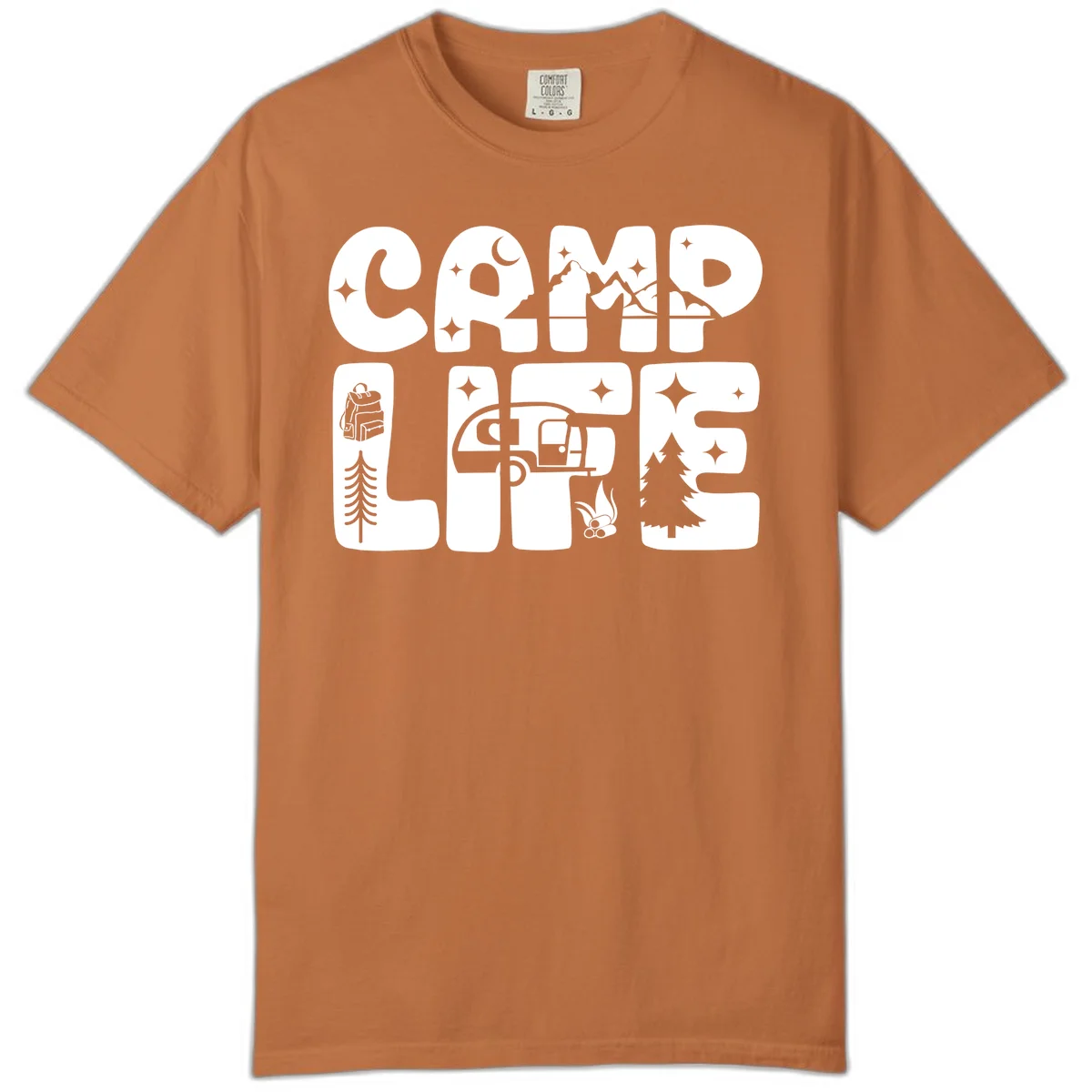 Camp life grid design featuring mountains, RV, campfire, trees, and hiking silhouette with moon and stars in monochrome illustration in Yam