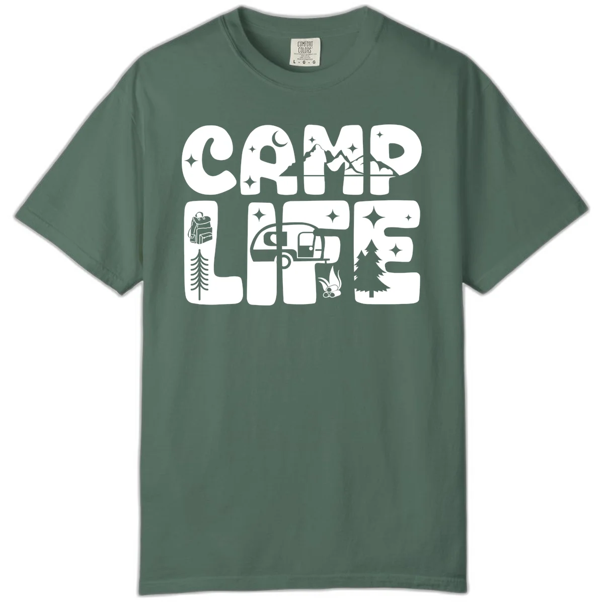 Camp life grid design featuring mountains, RV, campfire, trees, and hiking silhouette with moon and stars in monochrome illustration in Blue Spruce