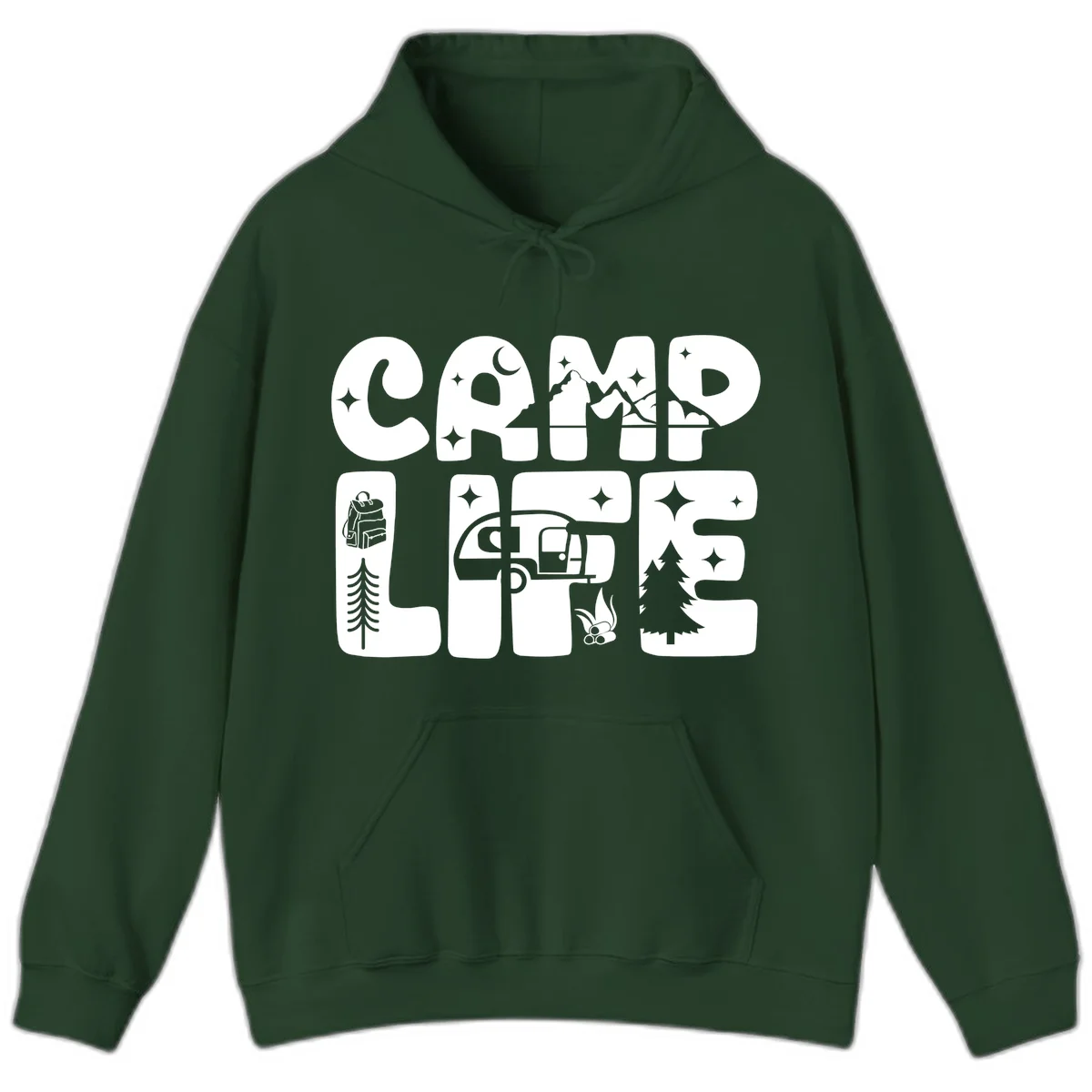 Camp life grid design featuring mountains, RV, campfire, trees, and hiking silhouette with moon and stars in monochrome illustration in Forest Green