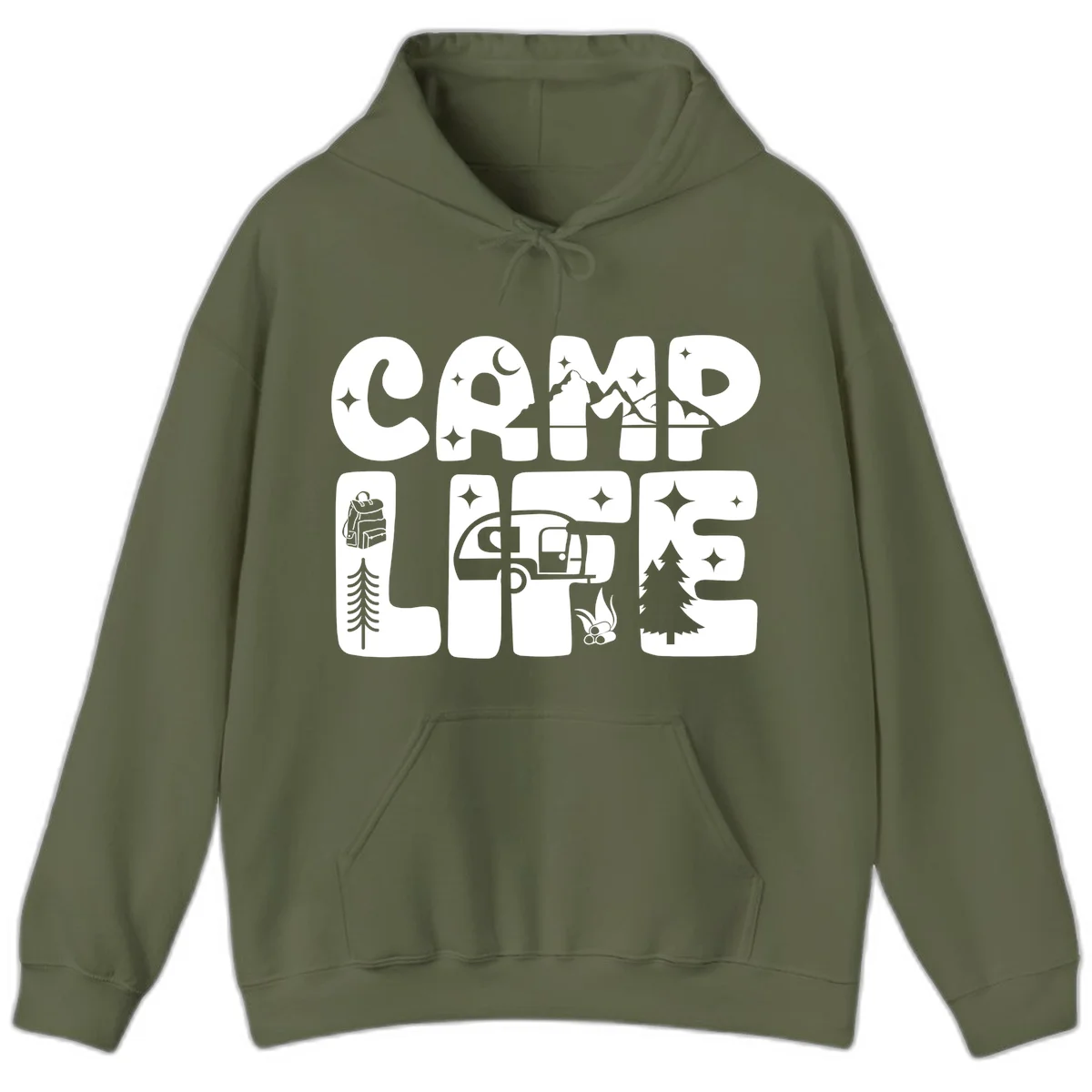 Camp life grid design featuring mountains, RV, campfire, trees, and hiking silhouette with moon and stars in monochrome illustration in Military Green