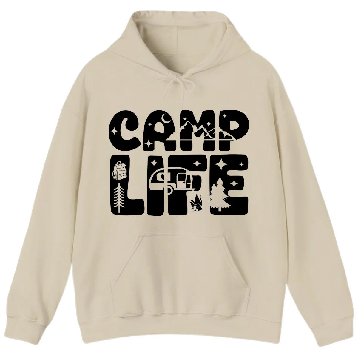 Camp life grid design featuring mountains, RV, campfire, trees, and hiking silhouette with moon and stars in monochrome illustration in Sand